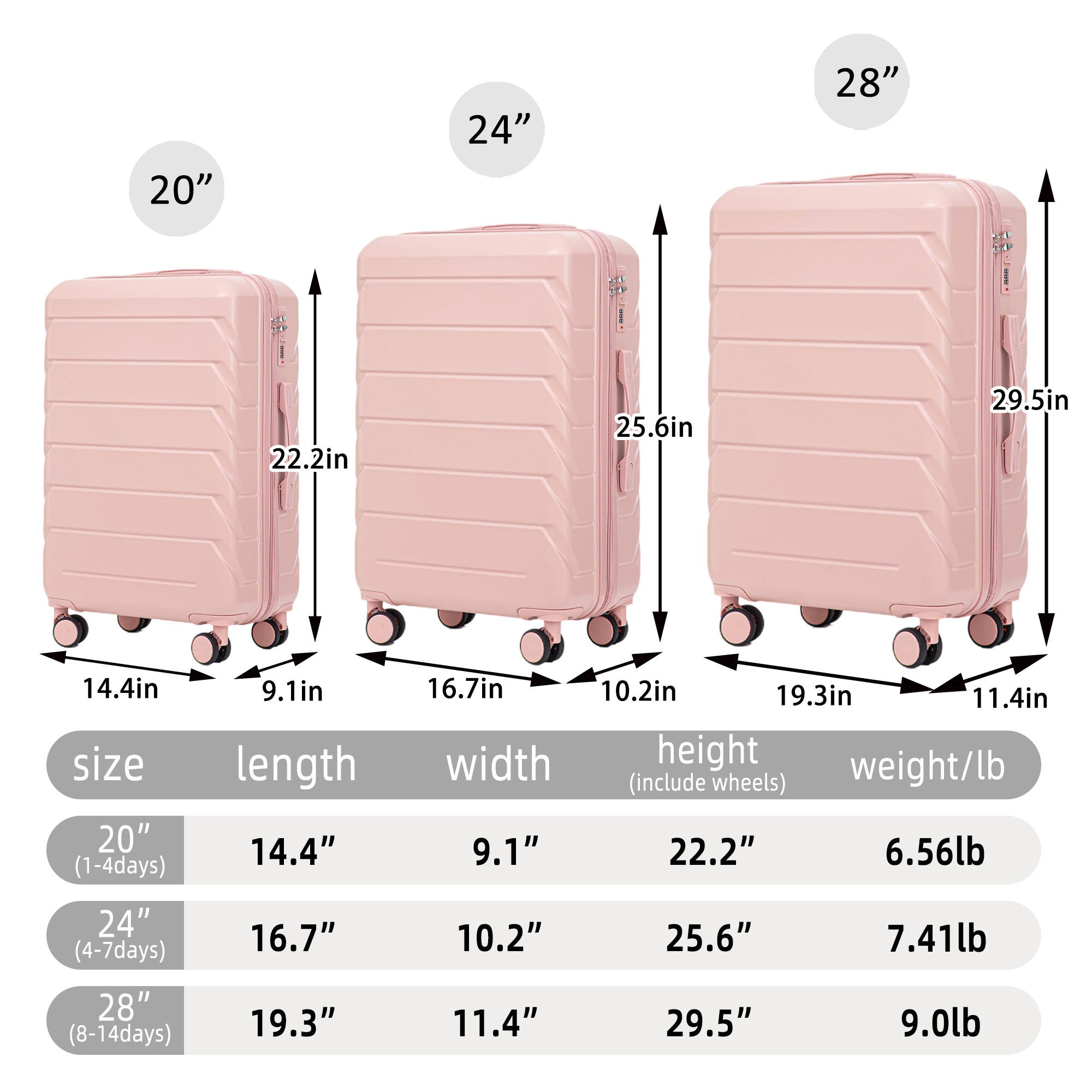 Set 3PCs 20'/24'/28' ABS Spinner Wheel Luggage - Pink