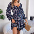Mandotos Floral Print Lantern Sleeve Dress Red Tie Square Neck A Line Long Sleeve