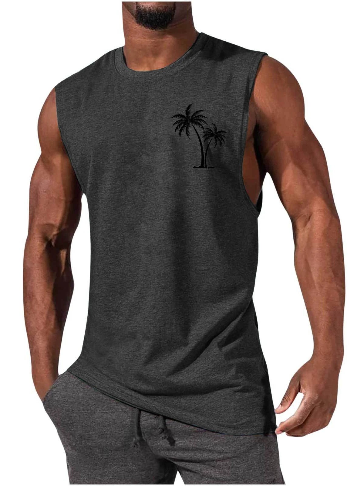 Mandotos Coconut Tree Embroidery Vest Men Tank Top For Summer Beach Workout Muscle Tee