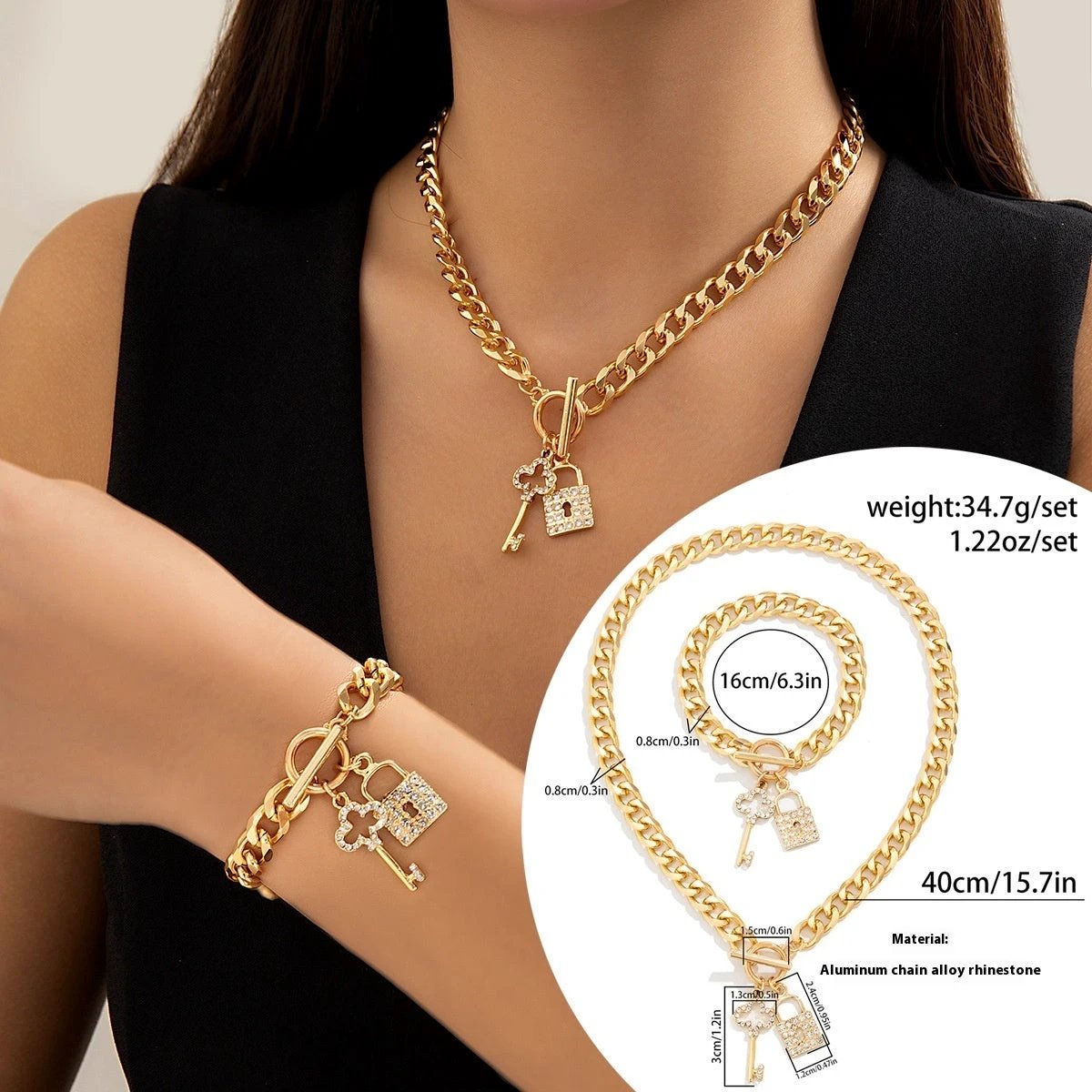 Thick Chain Lock and Key Pendant Necklace - Trendy Fashion Jewelry