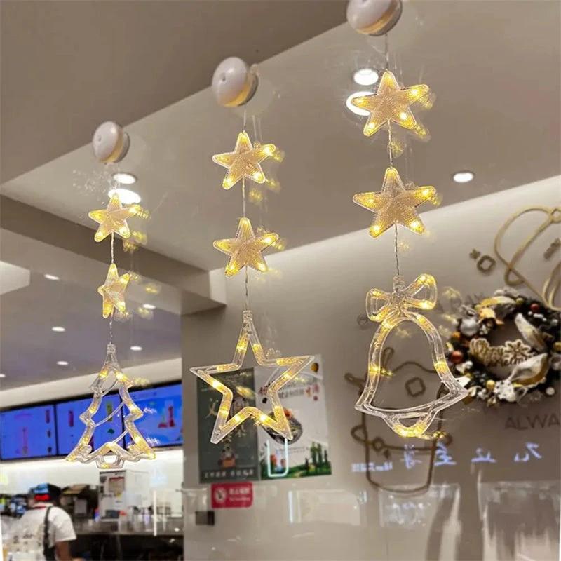 Christmas 3Pcs LED Star Hanging Lights For Home Decor Suction Cup Battery Powered