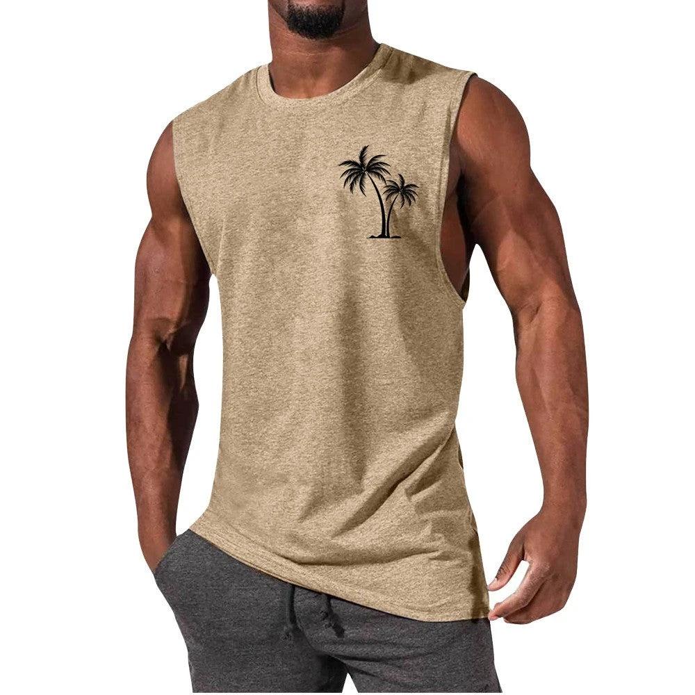 Mandotos Coconut Tree Embroidery Vest Men Tank Top For Summer Beach Workout Muscle Tee
