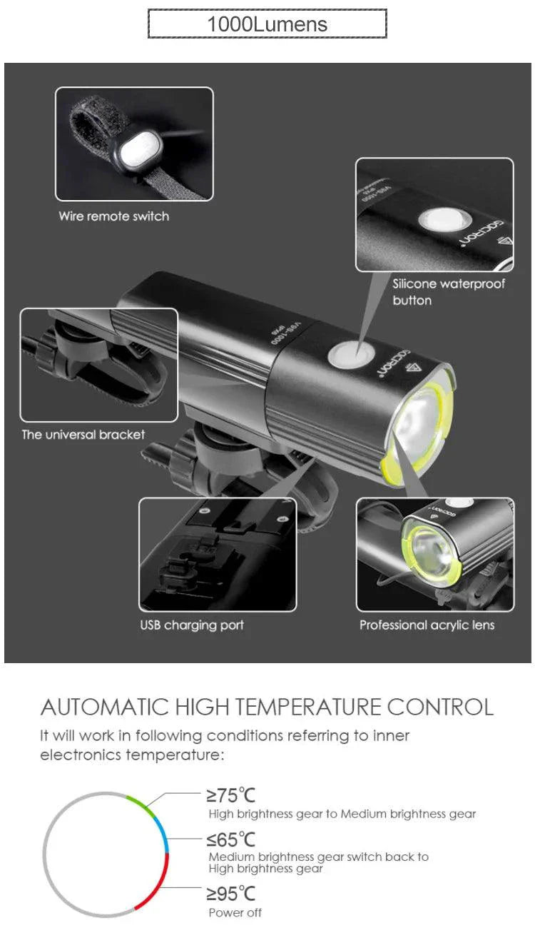 GACIRON 400-1800 Lumens Bicycle Front Light USB Rechargeable Cycling Headlight Flashlight MTB Road Bike Waterproof LED Head Lamp