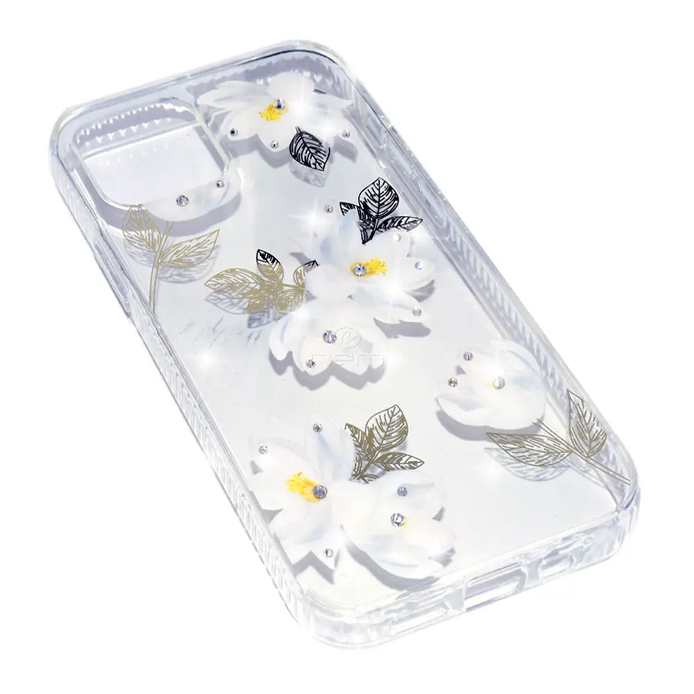 For iPhone 12 Pro Design Diamond, Purple Splash, White Flowers, Black Flowers