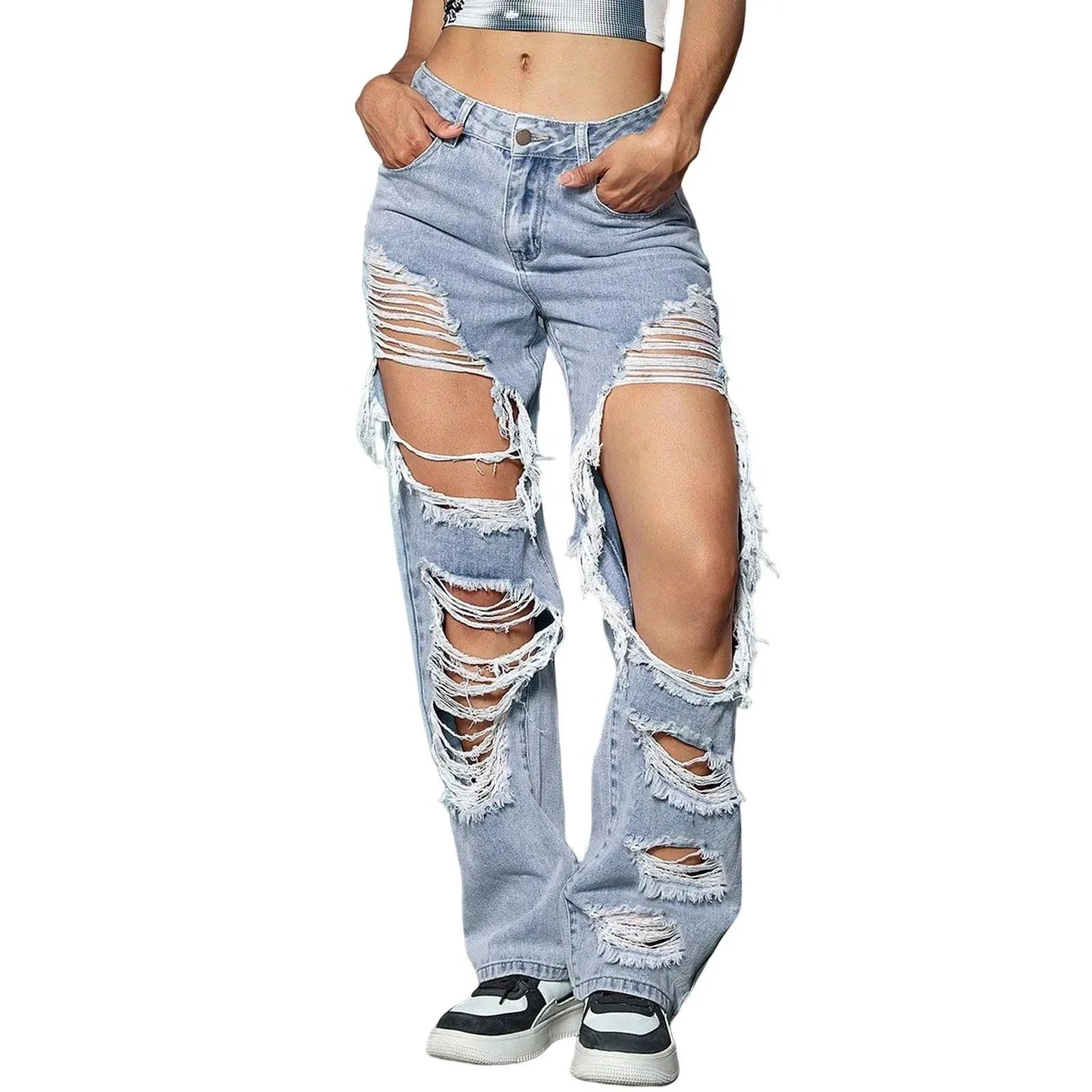 New Hole Ripped Jeans Women Booty Lifting Jeans Street Hip Hop Straight Leg Jeans Women'S Pants Korean Reviews Many Clothes