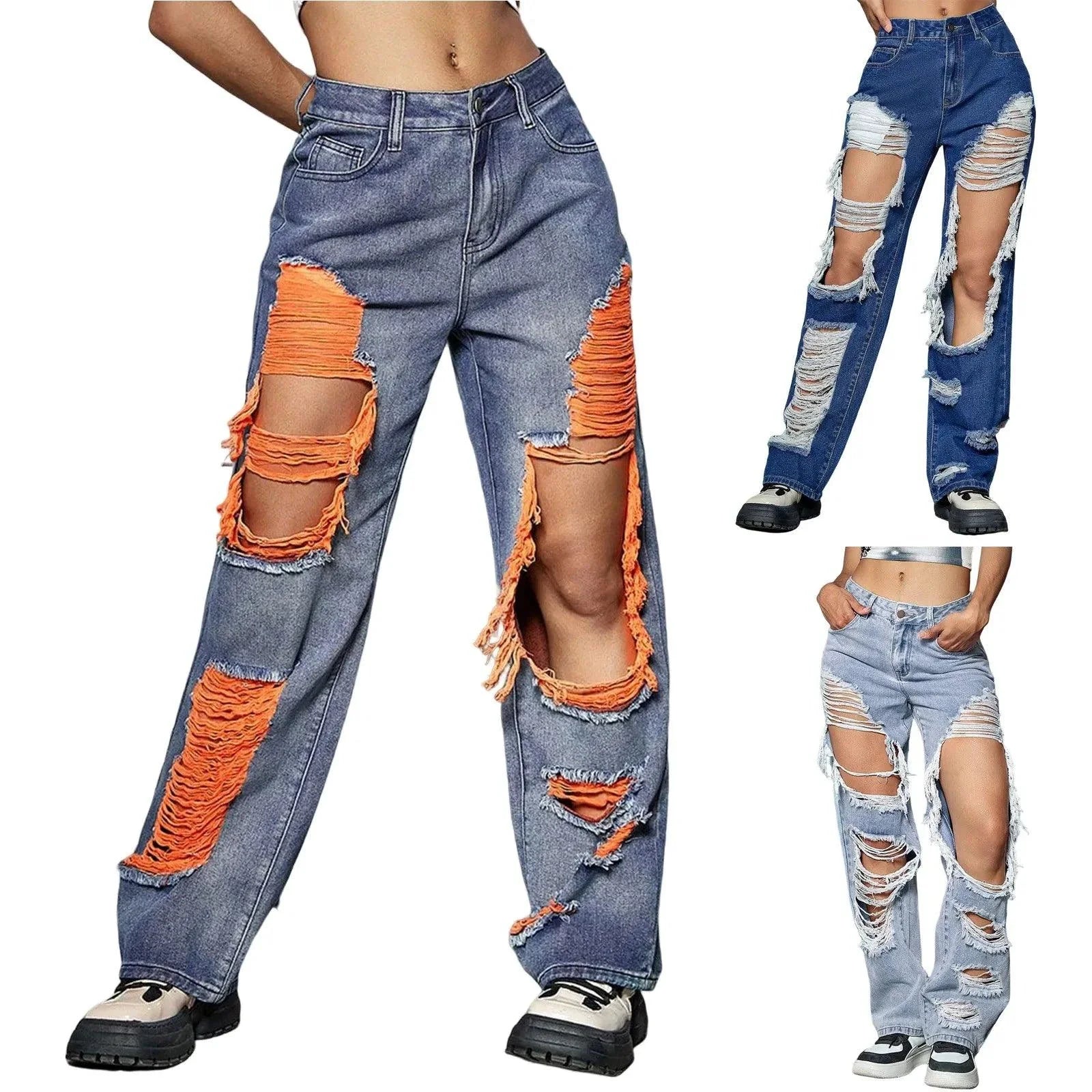 New Hole Ripped Jeans Women Booty Lifting Jeans Street Hip Hop Straight Leg Jeans Women'S Pants Korean Reviews Many Clothes