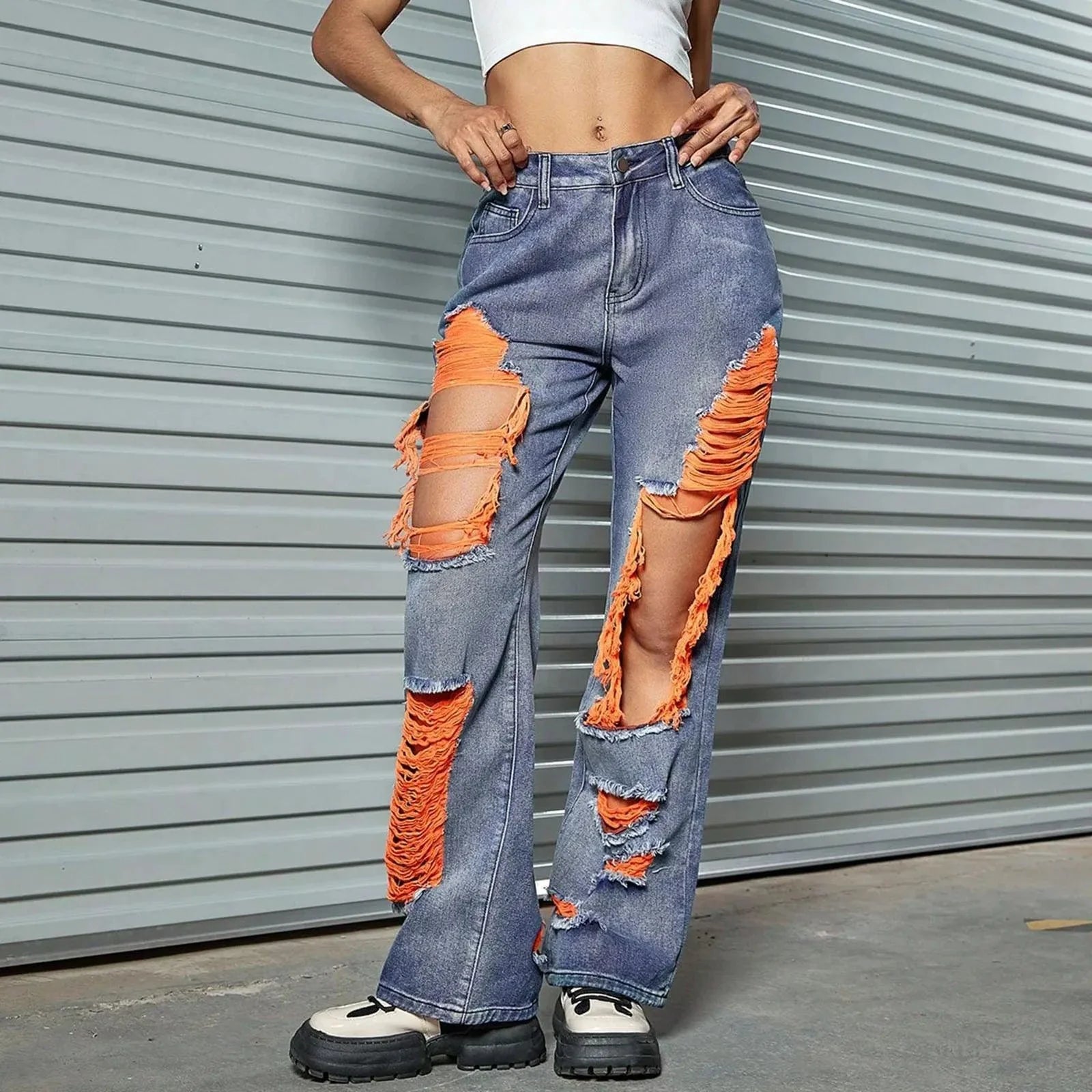 New Hole Ripped Jeans Women Booty Lifting Jeans Street Hip Hop Straight Leg Jeans Women'S Pants Korean Reviews Many Clothes