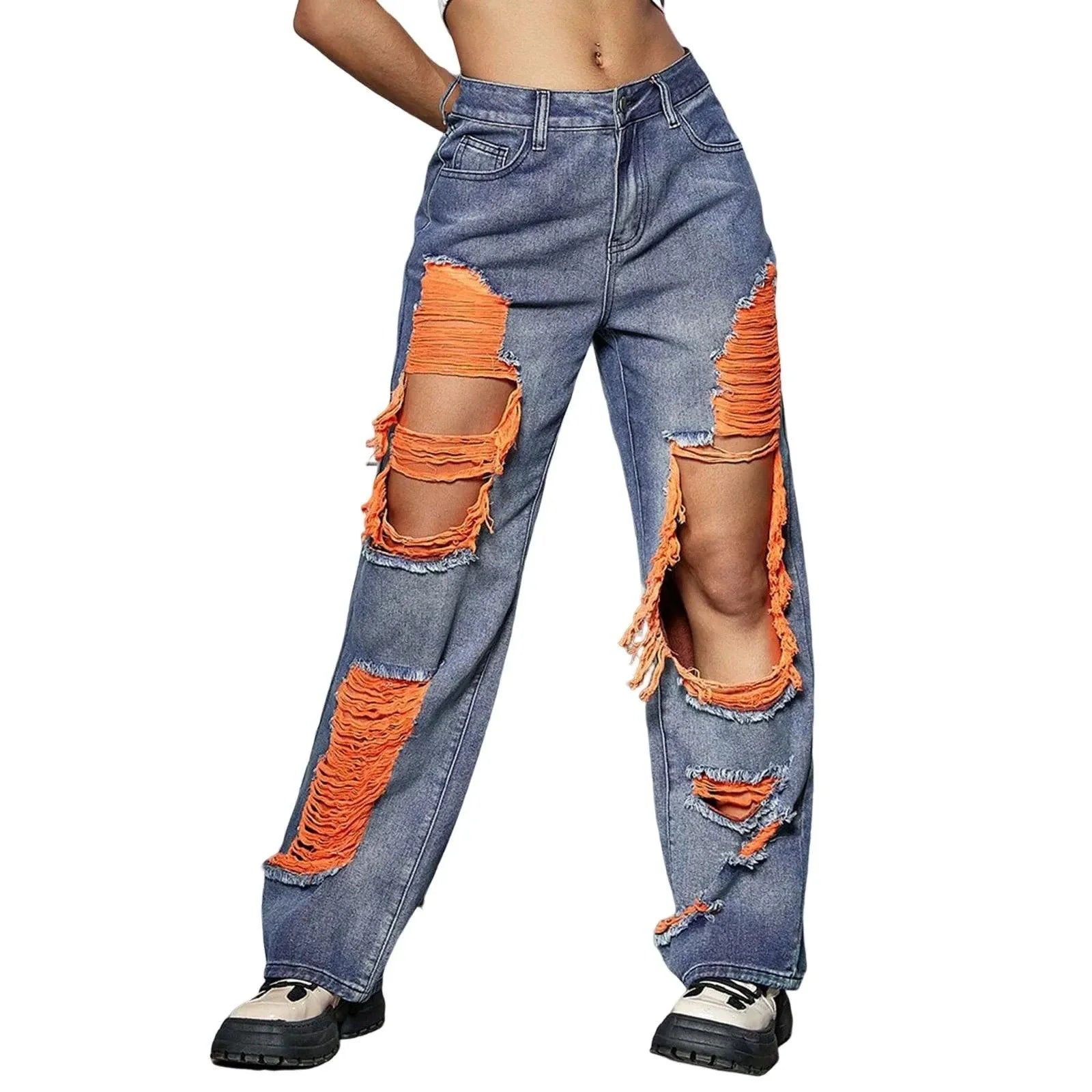 New Hole Ripped Jeans Women Booty Lifting Jeans Street Hip Hop Straight Leg Jeans Women'S Pants Korean Reviews Many Clothes