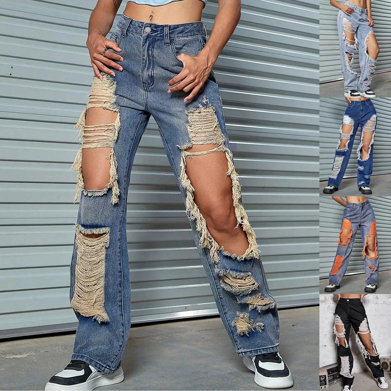 New Hole Ripped Jeans Women Booty Lifting Jeans Street Hip Hop Straight Leg Jeans Women'S Pants Korean Reviews Many Clothes