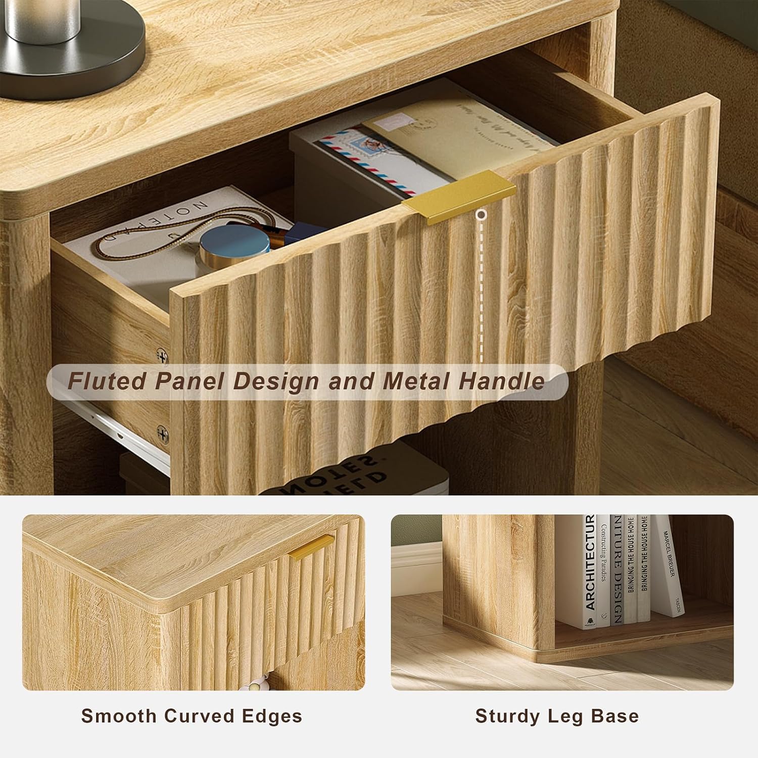 Vektaya US-NS001-NR Fluted Nightstands with LED & Charging Station, Drawer Side Tables, Oak