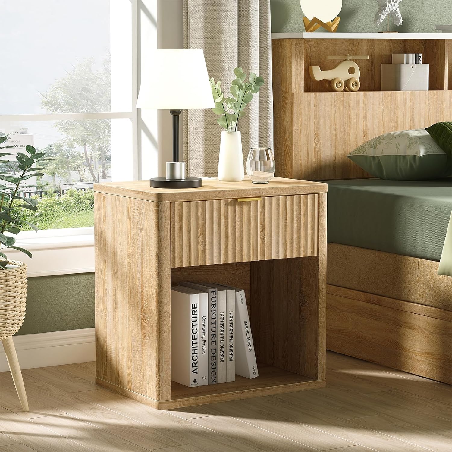 Vektaya US-NS001-NR Fluted Nightstands with LED & Charging Station, Drawer Side Tables, Oak