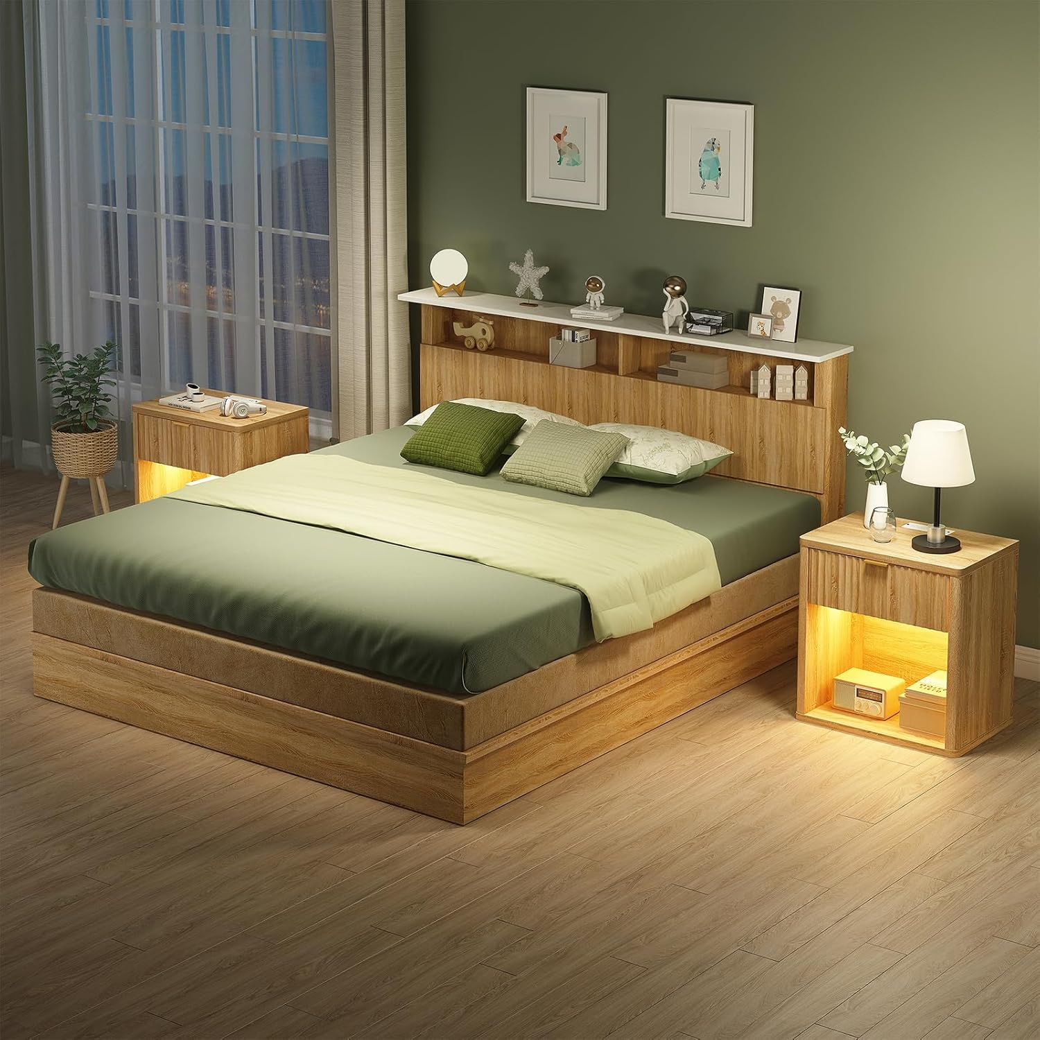 Vektaya US-NS001-NR Fluted Nightstands with LED & Charging Station, Drawer Side Tables, Oak