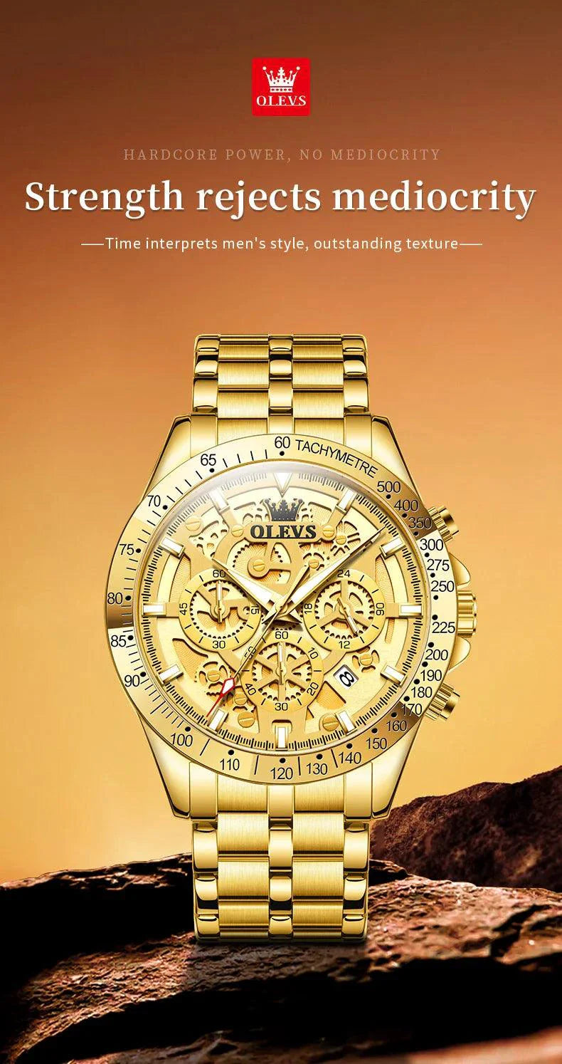 OLEVS Lxuxry Brand Gold Men's Watches Full Skeleton Stainless steel Chronograph Wristwatch Waterproof Luminous Quartz Watch Men