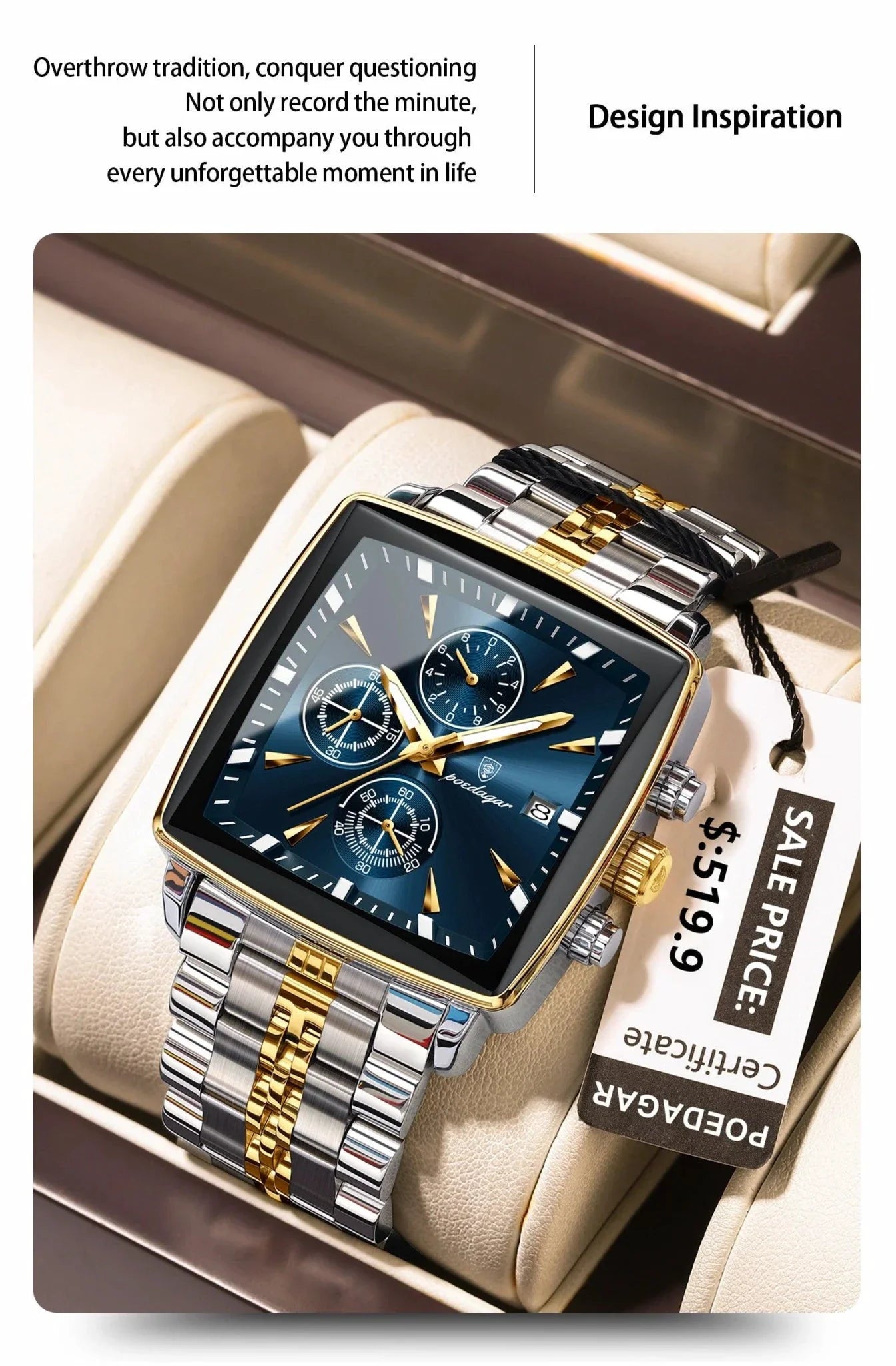 POEDAGAR Men's Square Chronograph Watch - Luminous Waterproof Stainless Steel Quartz Wristwatch
