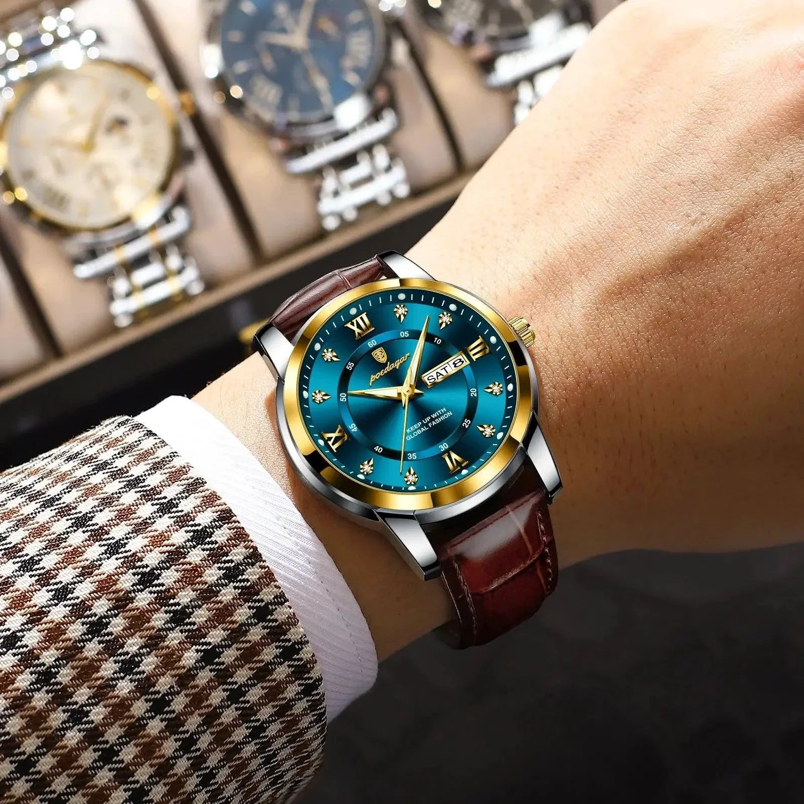 POEDAGAR Luxury Men's Quartz Watch - Waterproof, Luminous, Date Display, High-Quality Leather Strap, Sporty Design