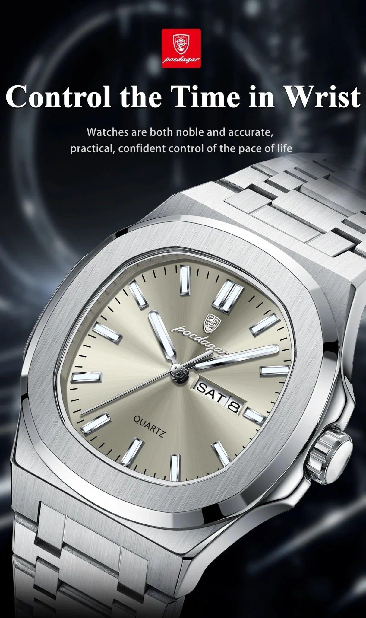 POEDAGAR Military Square Watch for Men - Waterproof, Luminous, Date & Week Display, Stainless Steel Quartz