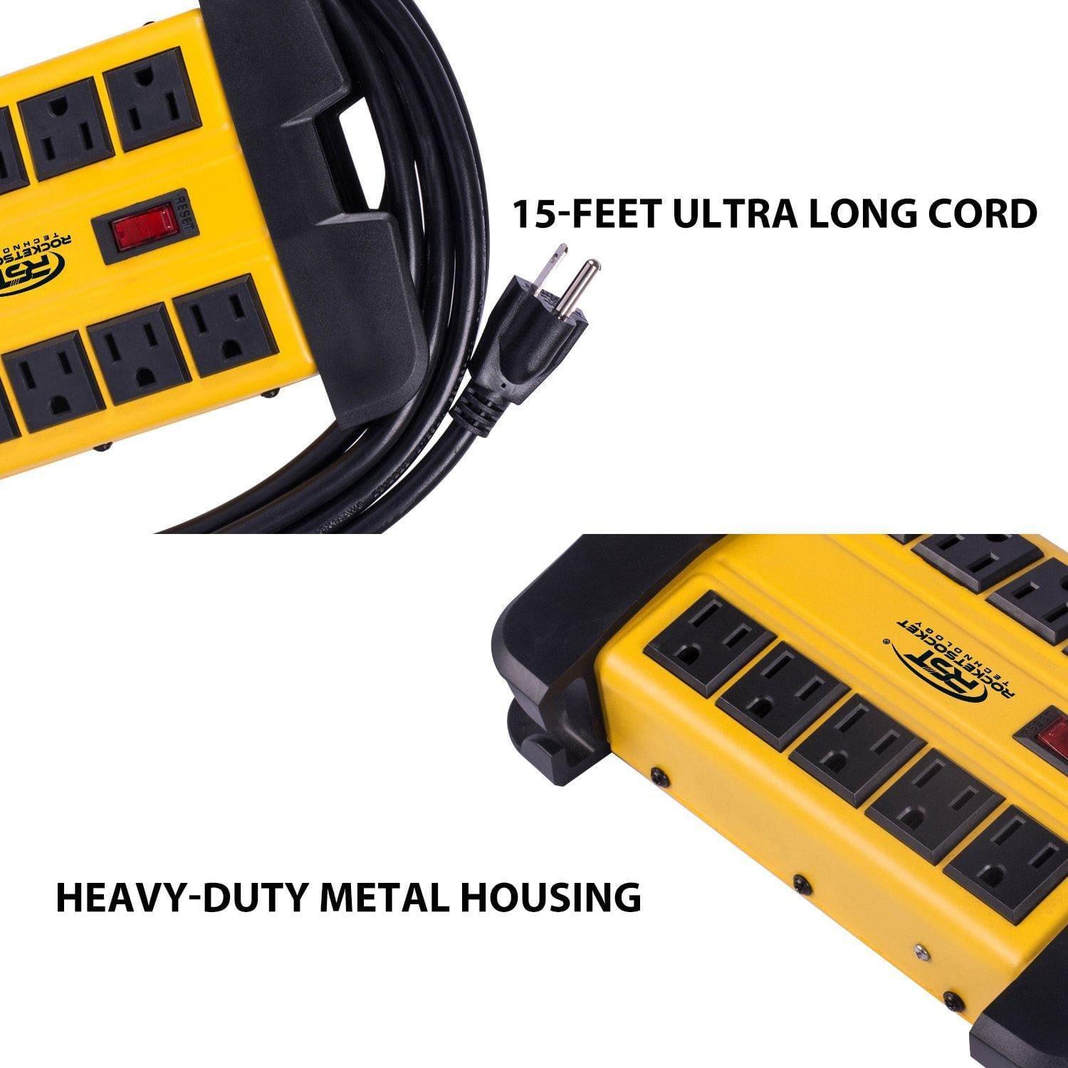 CRST 10-Outlet Metal Surge Protector Power Strip, 2800 Joules Protection, 15FT/6FT Heavy Duty Power Cord with Management Wrap, Wall Mountable Design