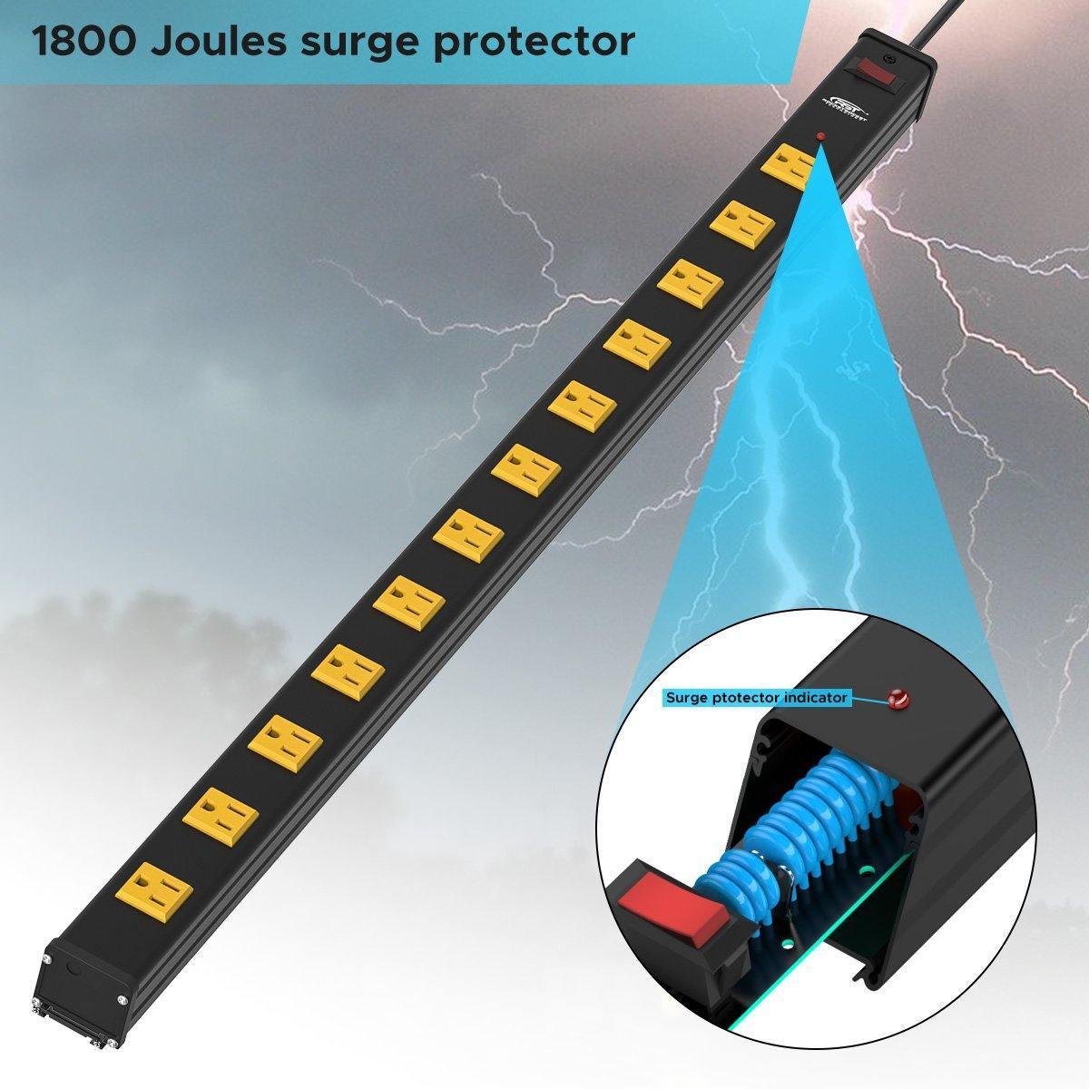 CRST 12-Outlet Metal Power Strip Surge Protector, 1800 Joules, 2.6" Ultra-Wide Spaced Outlets for Large Adapters, 15ft Heavy Duty Cord, Industrial Mountable Design