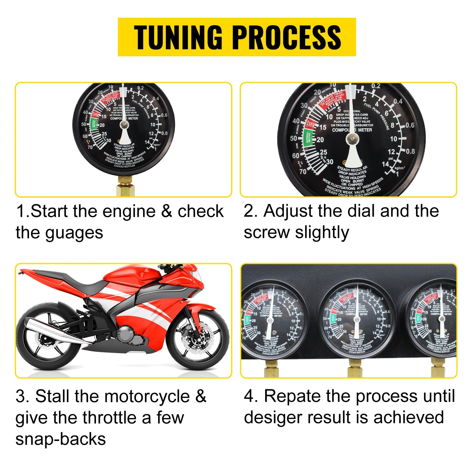 4-Gauge Carburetor Synchronizer Kit: Achieve Perfect Fuel Balance and Performance Tuning for Your Motorcycle with Precision and Ease!
