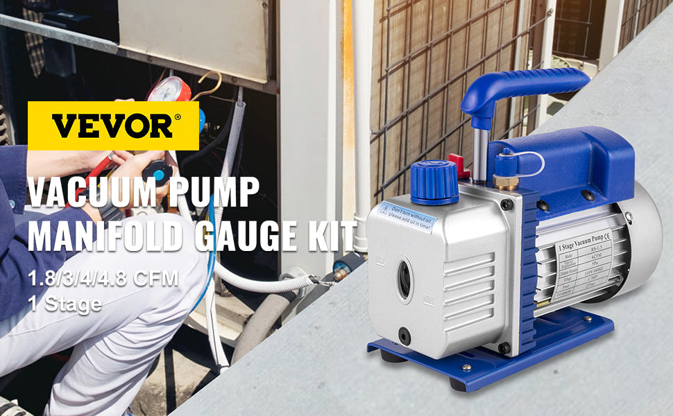 HVAC Refrigeration Vacuum Pump: 1-Stage, Choice of Manifold Gauge, 1.8-12CFM - Essential for Refrigerant Air Conditioning Maintenance