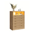 Vektaya US-NS010-NR Fluted Nightstand with LED & Charging Station, 5-Drawer Tall Organizer, Oak