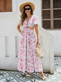 Floral Elegance Maxi Dress - Ruffle Sleeves, Cutout Waist & High Slit, Perfect for Vacations in Breathable Rayon