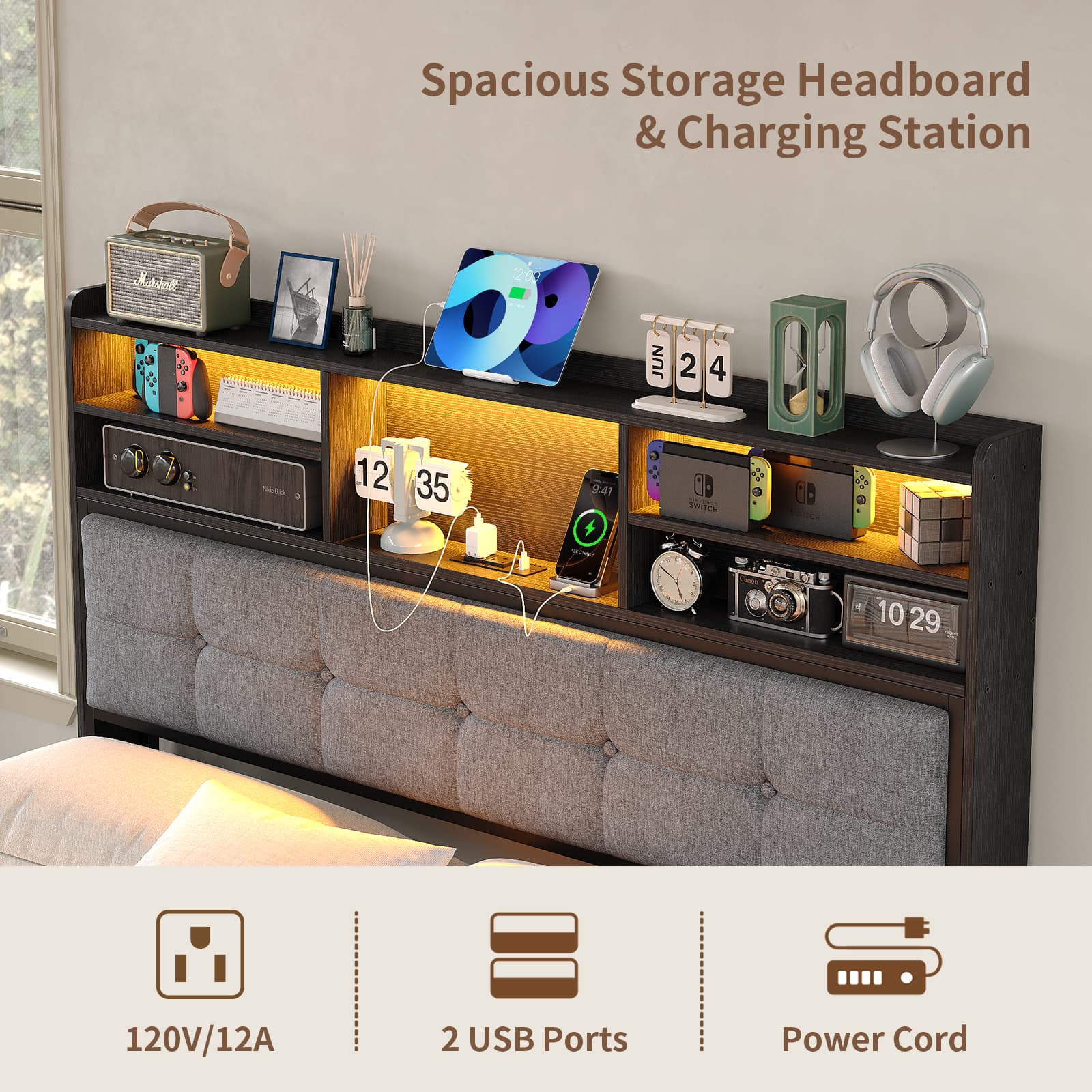 VektayaUS-BF011-BL Full/Queen/King Bed Frame with 6 Drawers, Easy Assembly, USB Charging, LED Headboard, No Box Spring Needed