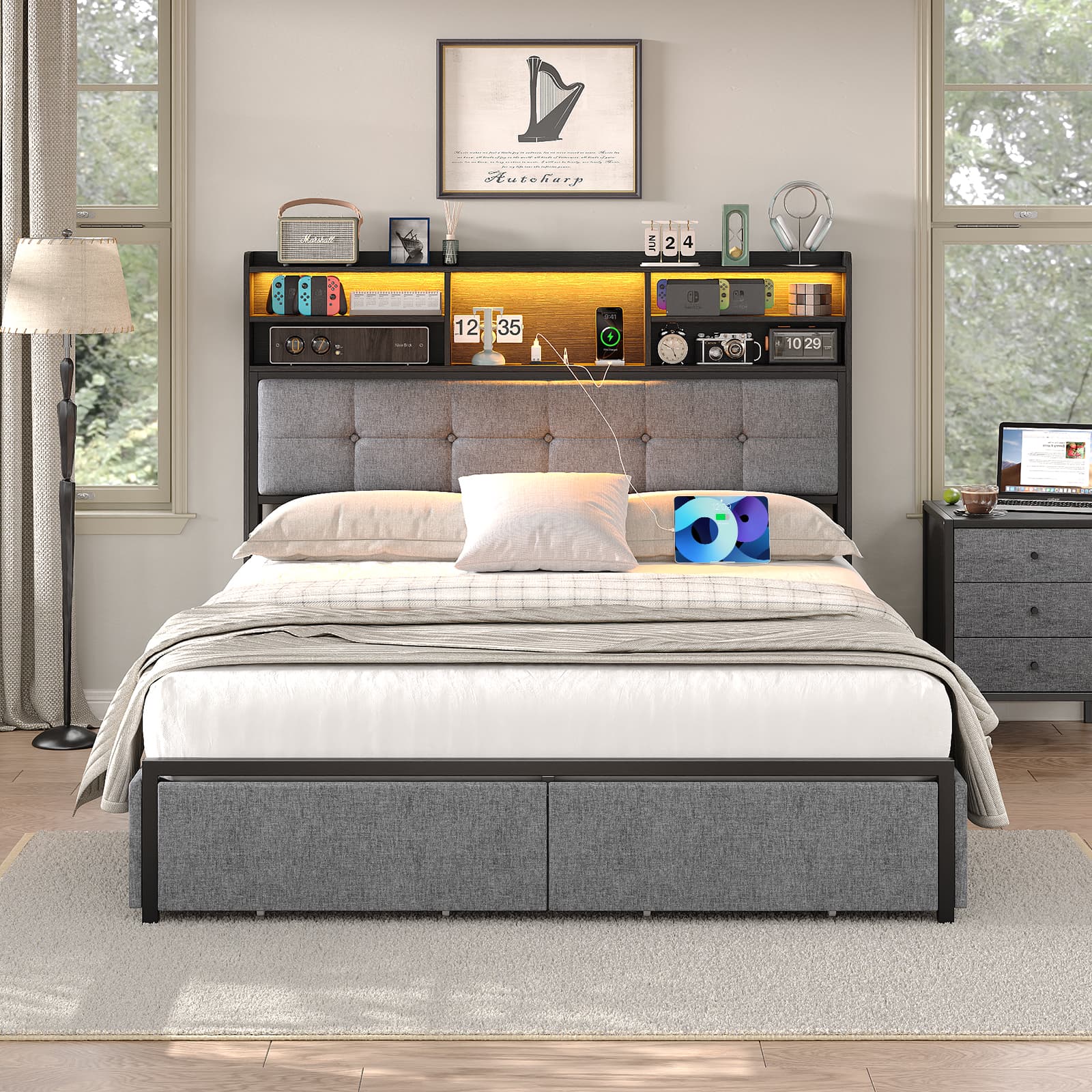 VektayaUS-BF011-BL Full/Queen/King Bed Frame with 6 Drawers, Easy Assembly, USB Charging, LED Headboard, No Box Spring Needed