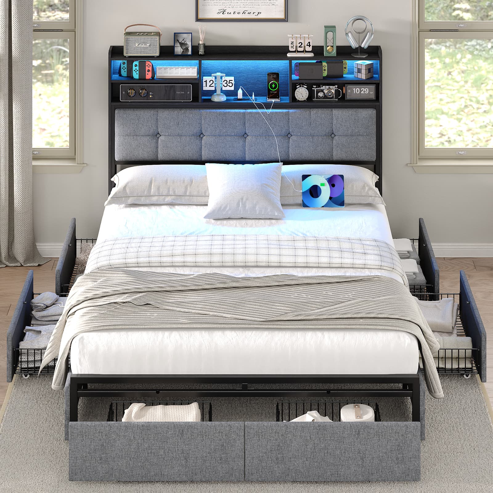 VektayaUS-BF011-BL Full/Queen/King Bed Frame with 6 Drawers, Easy Assembly, USB Charging, LED Headboard, No Box Spring Needed