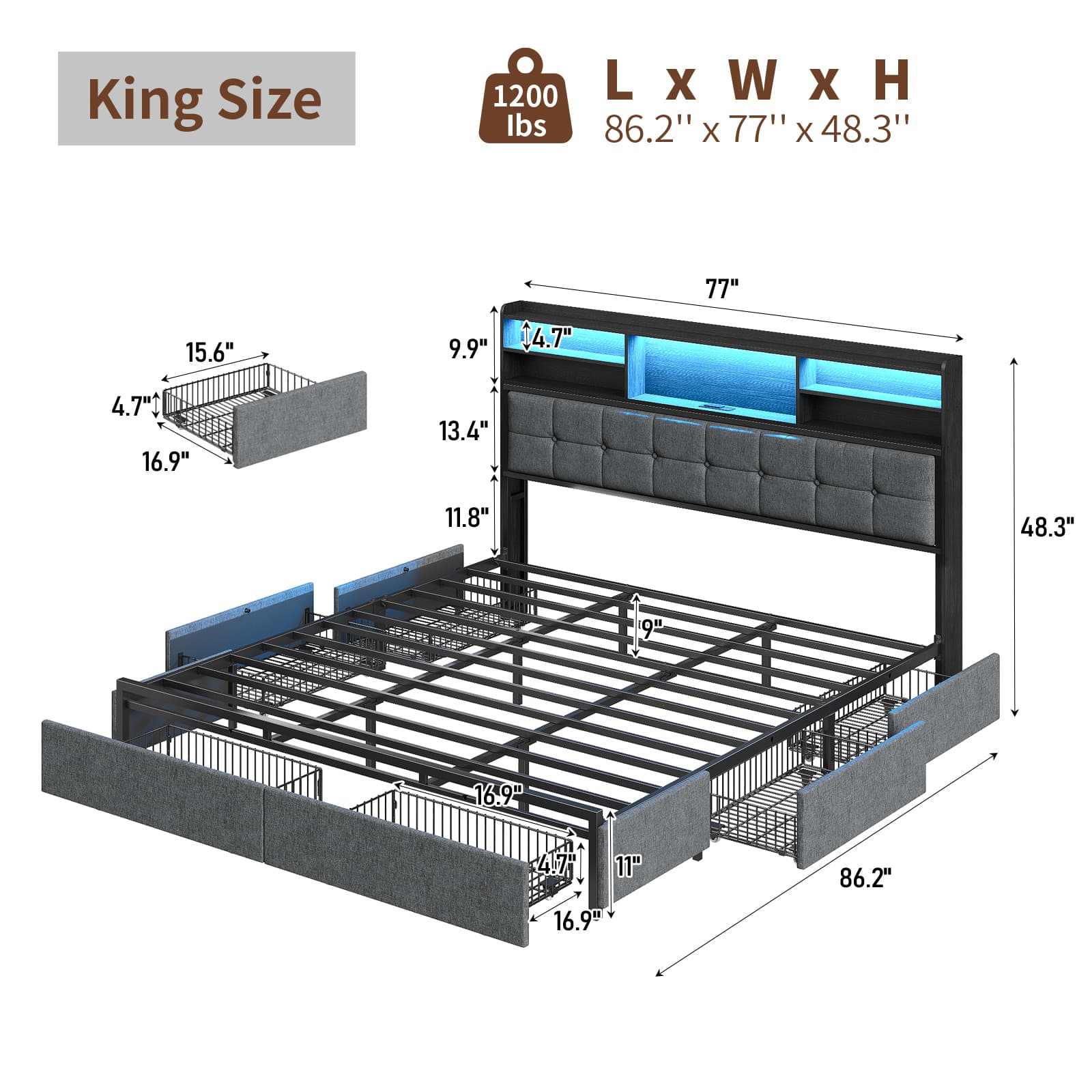 VektayaUS-BF011-BL Full/Queen/King Bed Frame with 6 Drawers, Easy Assembly, USB Charging, LED Headboard, No Box Spring Needed