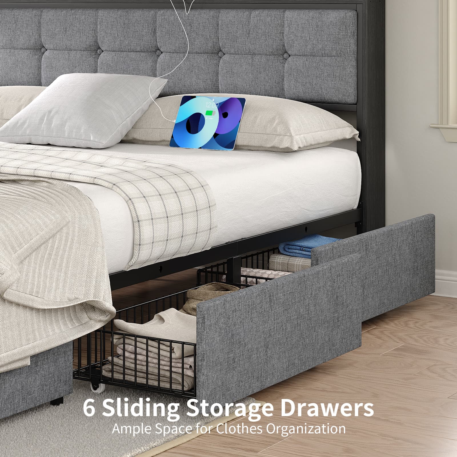 VektayaUS-BF011-BL Full/Queen/King Bed Frame with 6 Drawers, Easy Assembly, USB Charging, LED Headboard, No Box Spring Needed