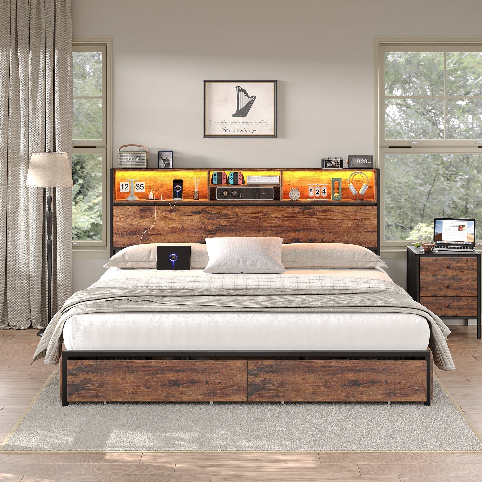 Vektaya US-BF012-BR Full/Queen/King Bed Frame with LED Headboard, Charging Ports, 6 Storage Drawers, Shelf, Easy Assembly, No Box Spring Needed