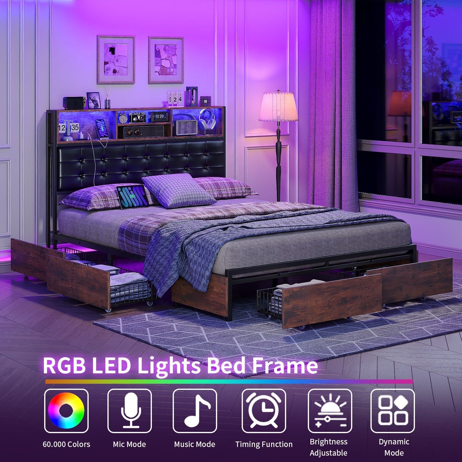 Vektaya US-BF013-BR Full/Queen/King Bed Frame with RGB LED Headboard, Charging, 6 Drawers, Upholstered, Heavy-Duty, Easy Assembly, No Box Spring