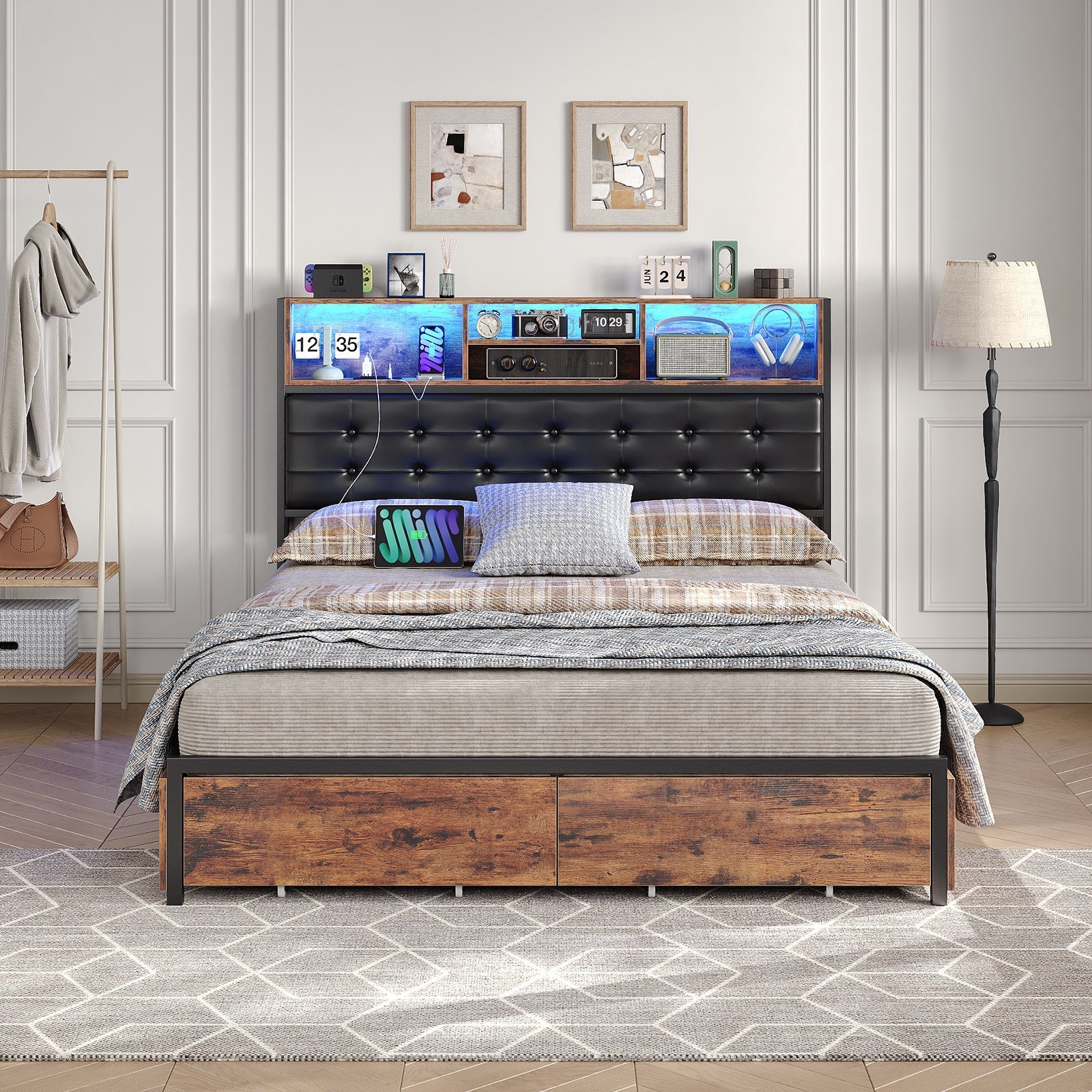 Vektaya US-BF013-BR Full/Queen/King Bed Frame with RGB LED Headboard, Charging, 6 Drawers, Upholstered, Heavy-Duty, Easy Assembly, No Box Spring