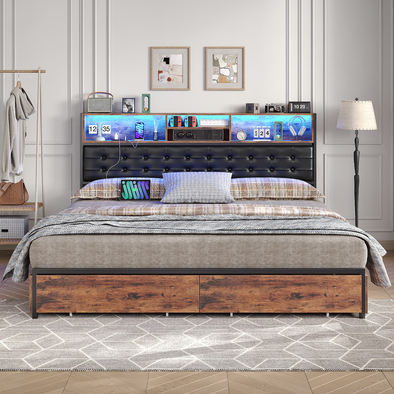 Vektaya US-BF013-BR Full/Queen/King Bed Frame with RGB LED Headboard, Charging, 6 Drawers, Upholstered, Heavy-Duty, Easy Assembly, No Box Spring
