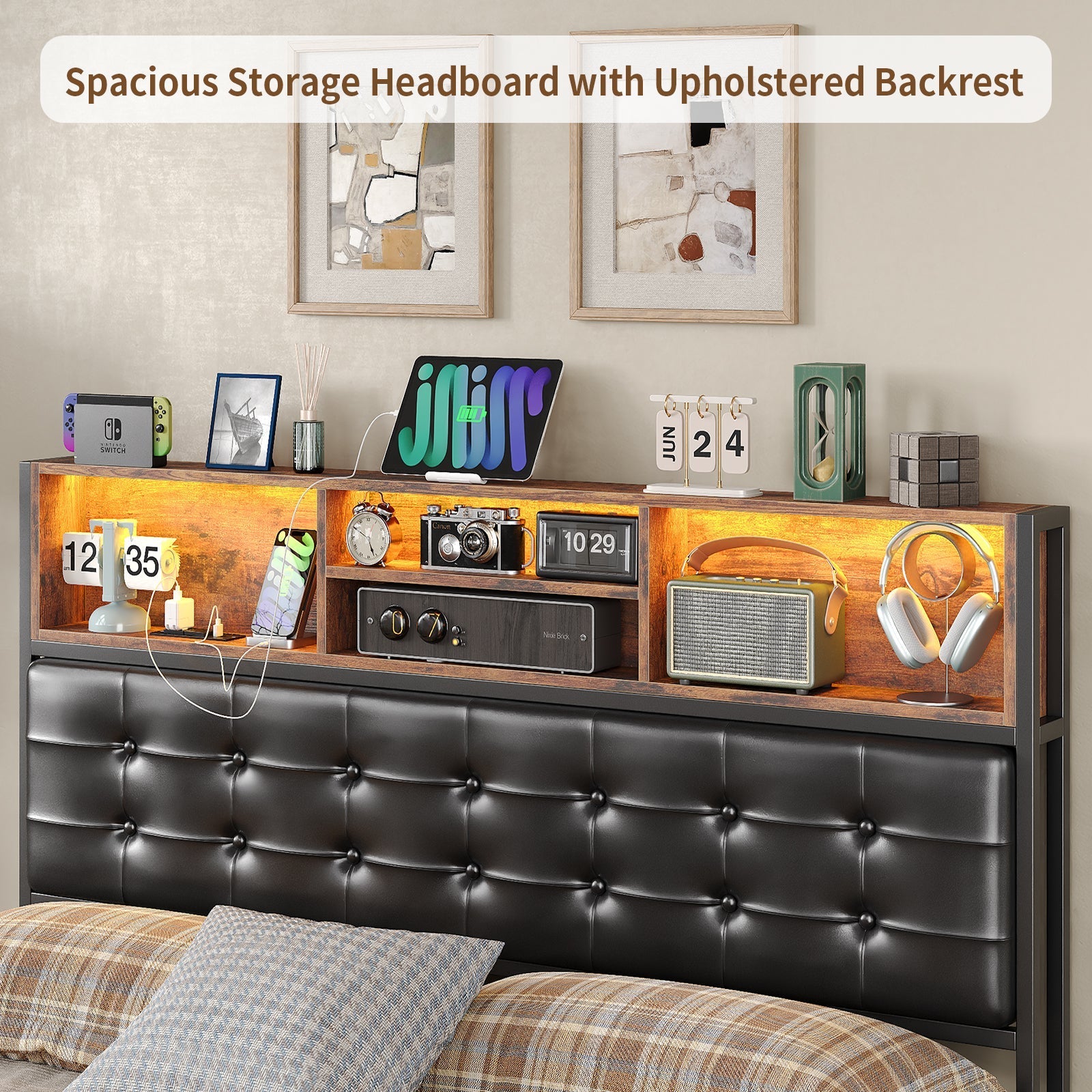 Vektaya US-BF013-BR Full/Queen/King Bed Frame with RGB LED Headboard, Charging, 6 Drawers, Upholstered, Heavy-Duty, Easy Assembly, No Box Spring