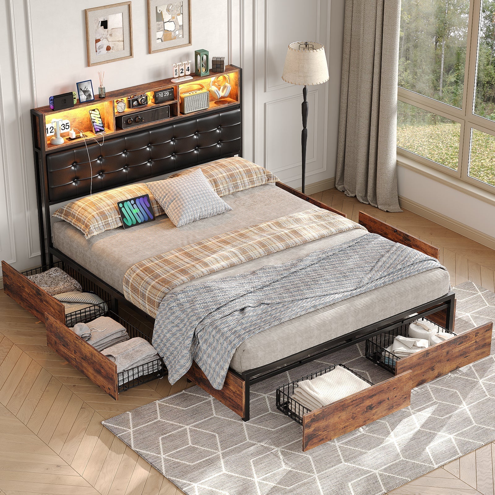 Vektaya US-BF013-BR Full/Queen/King Bed Frame with RGB LED Headboard, Charging, 6 Drawers, Upholstered, Heavy-Duty, Easy Assembly, No Box Spring