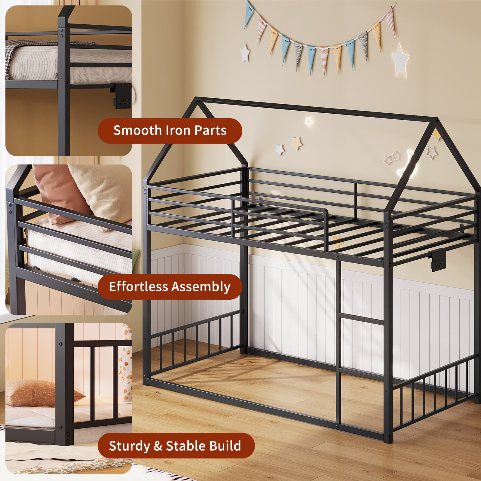 Vektaya US-BF019-BK-T Twin Bunk Bed Frame with Charging Station & RGB LED, Easy Assembly, Storage Space, House Metal Frame with Ladder