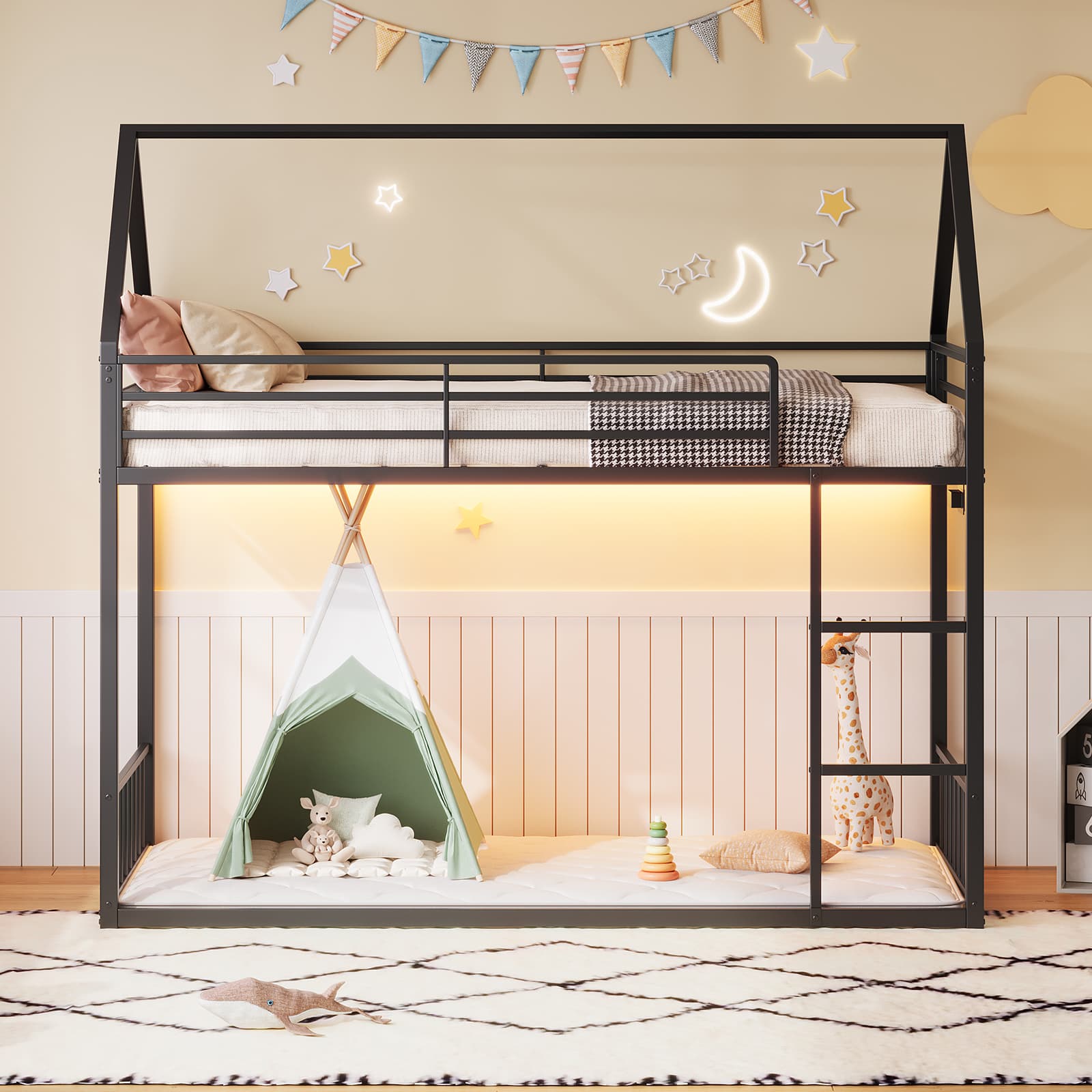Vektaya US-BF019-BK-T Twin Bunk Bed Frame with Charging Station & RGB LED, Easy Assembly, Storage Space, House Metal Frame with Ladder