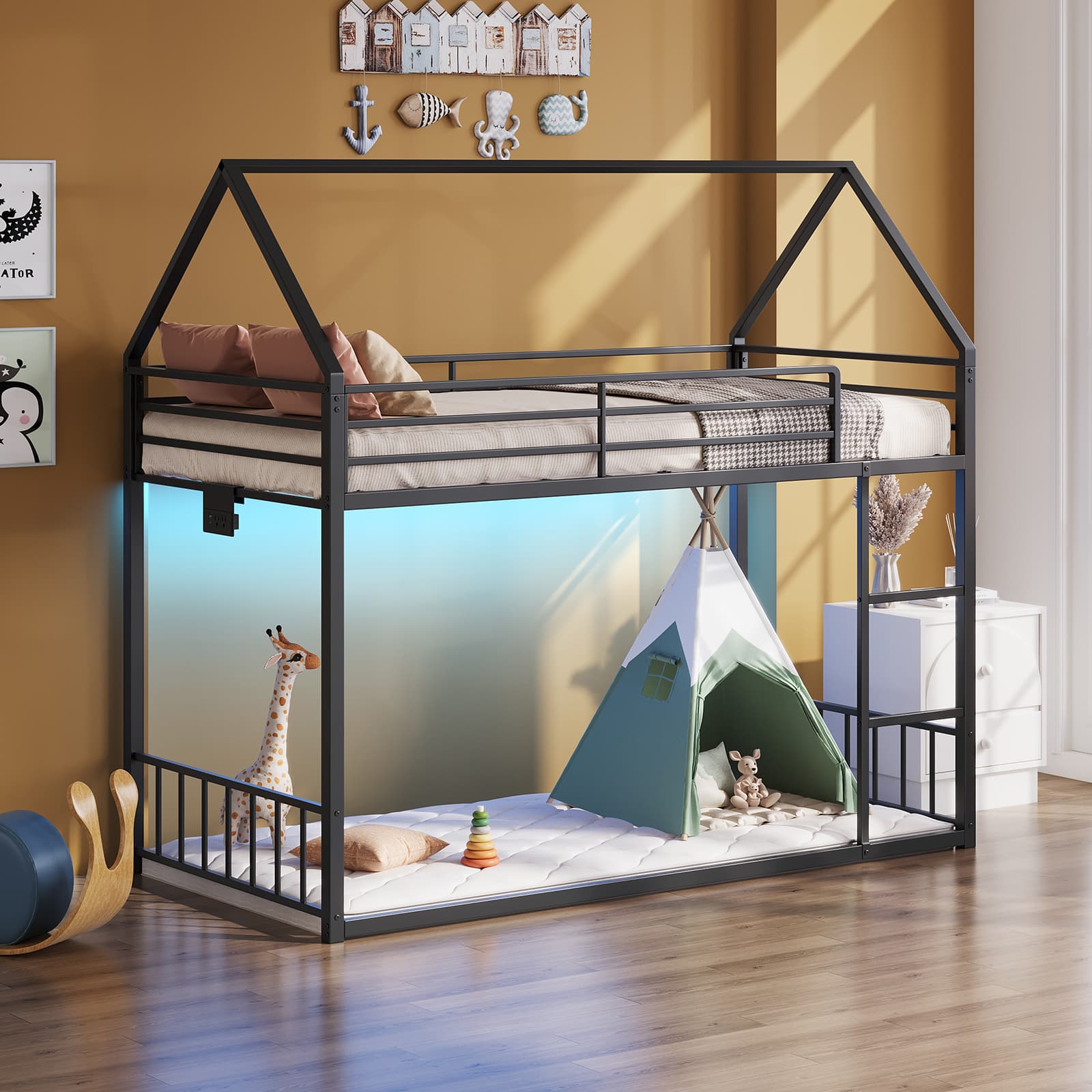 Vektaya US-BF019-BK-T Twin Bunk Bed Frame with Charging Station & RGB LED, Easy Assembly, Storage Space, House Metal Frame with Ladder