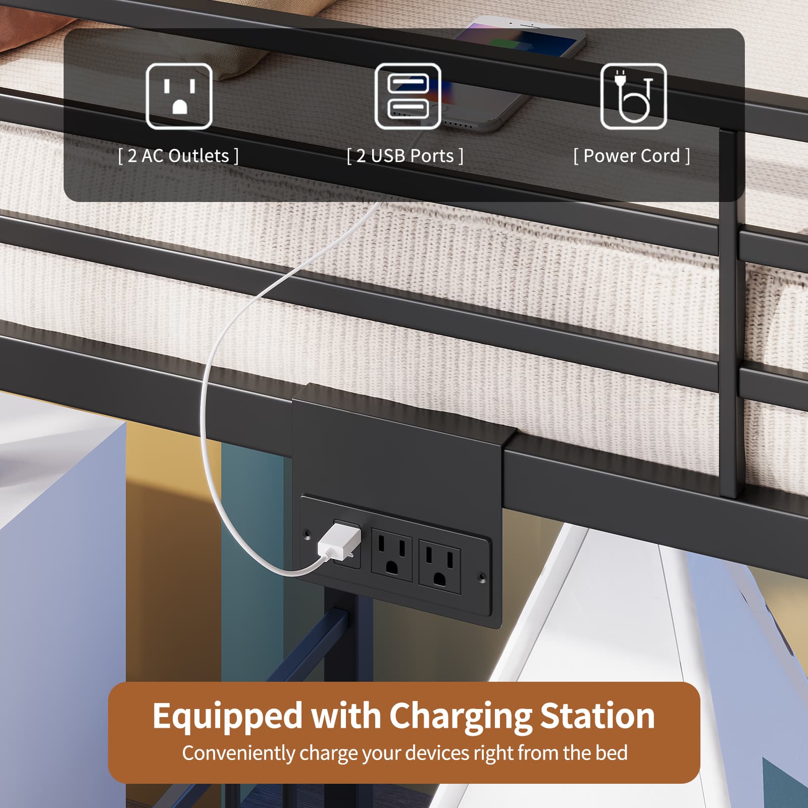 Vektaya US-BF019-BK-T Twin Bunk Bed Frame with Charging Station & RGB LED, Easy Assembly, Storage Space, House Metal Frame with Ladder