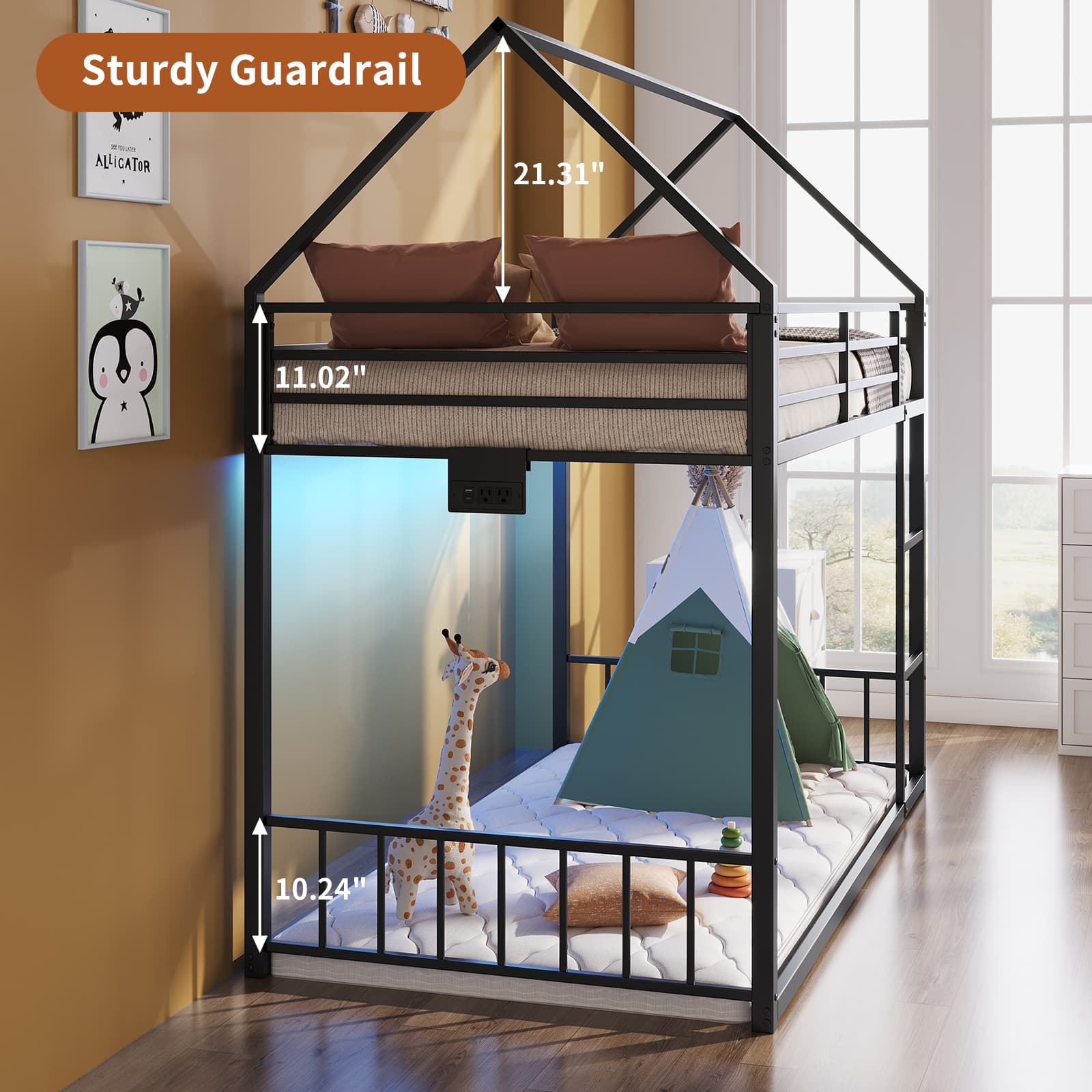 Vektaya US-BF019-BK-T Twin Bunk Bed Frame with Charging Station & RGB LED, Easy Assembly, Storage Space, House Metal Frame with Ladder