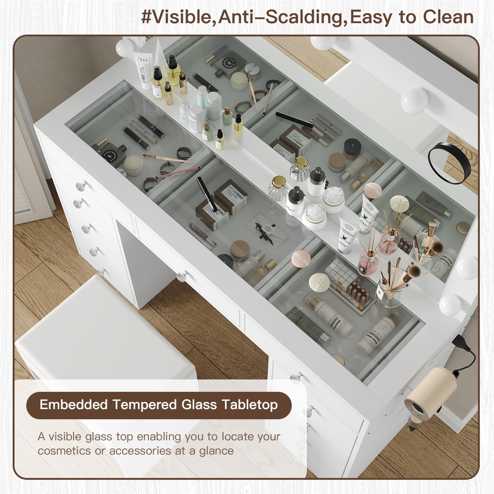 Vektaya US-VD003 Bedroom Makeup Vanity desk with LED Mirror, 11 Drawers