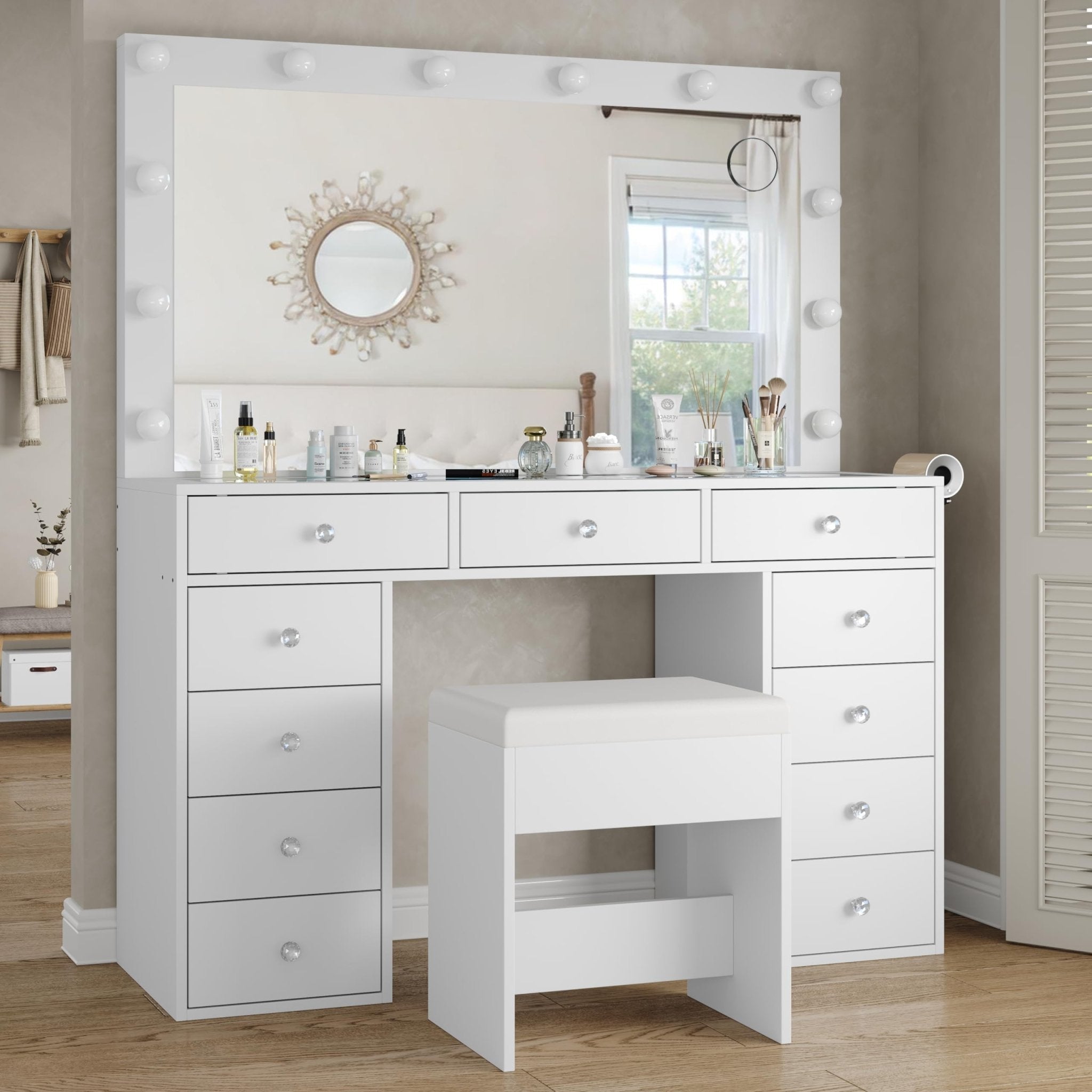 Vektaya US-VD003 Bedroom Makeup Vanity desk with LED Mirror, 11 Drawers