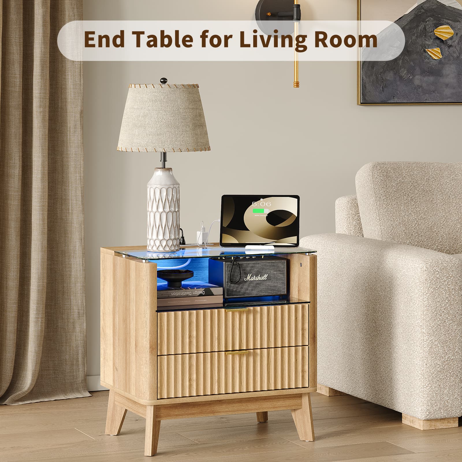 Vektaya US-NS003-NR 23" Nightstand with Charging Station, Fluted LED End Table with Drawers, Oak