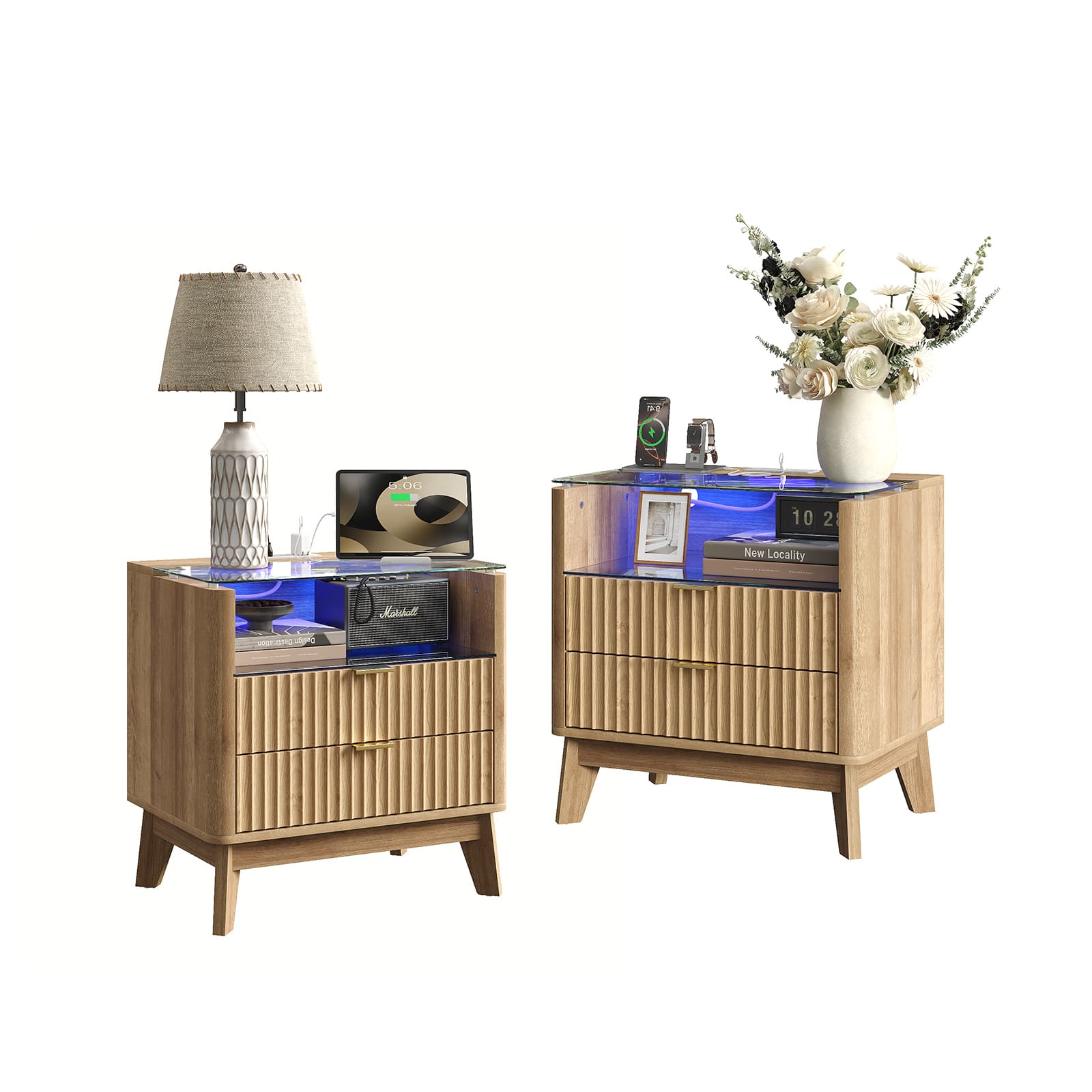 Vektaya US-NS003-NR 23" Nightstand with Charging Station, Fluted LED End Table with Drawers, Oak