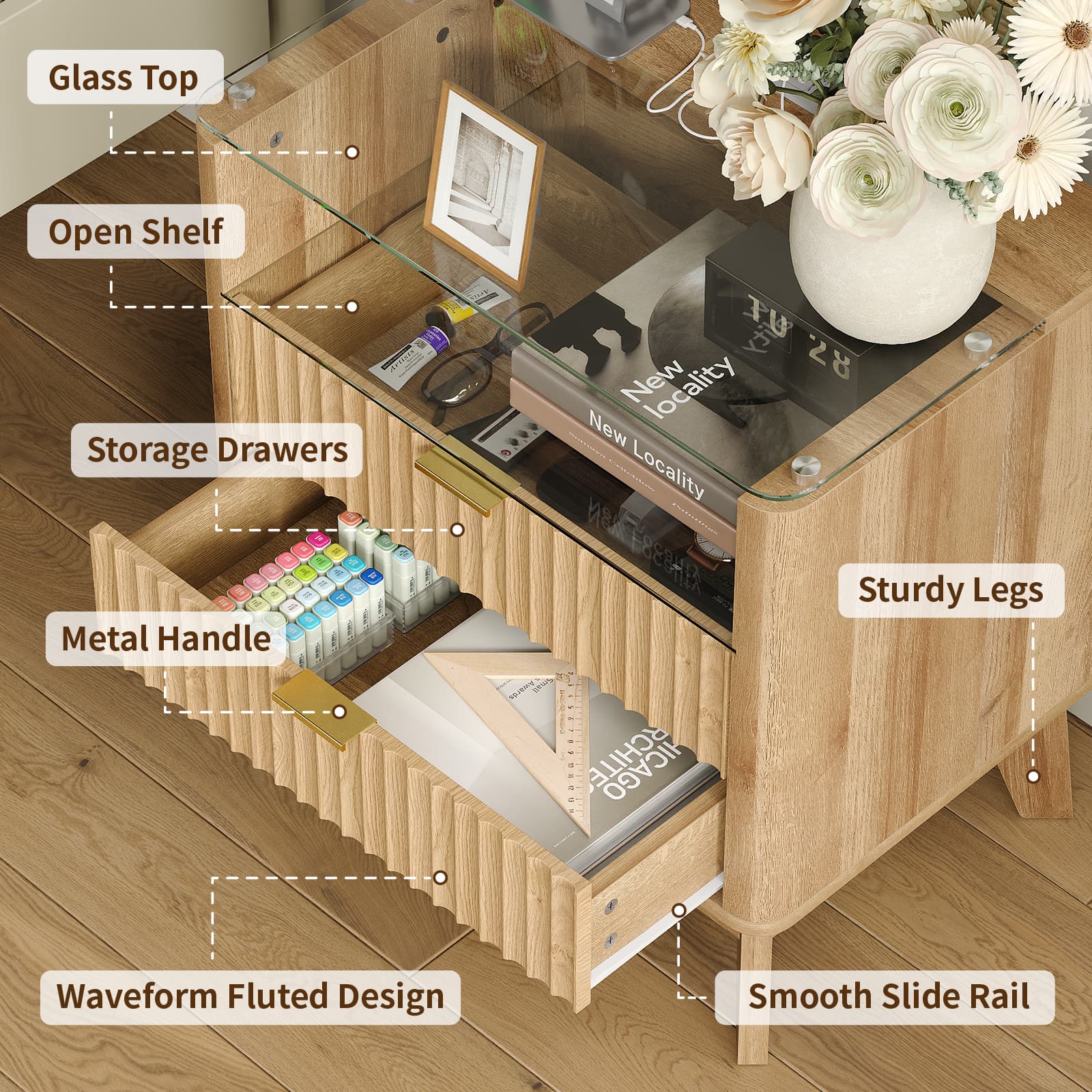 Vektaya US-NS003-NR 23" Nightstand with Charging Station, Fluted LED End Table with Drawers, Oak