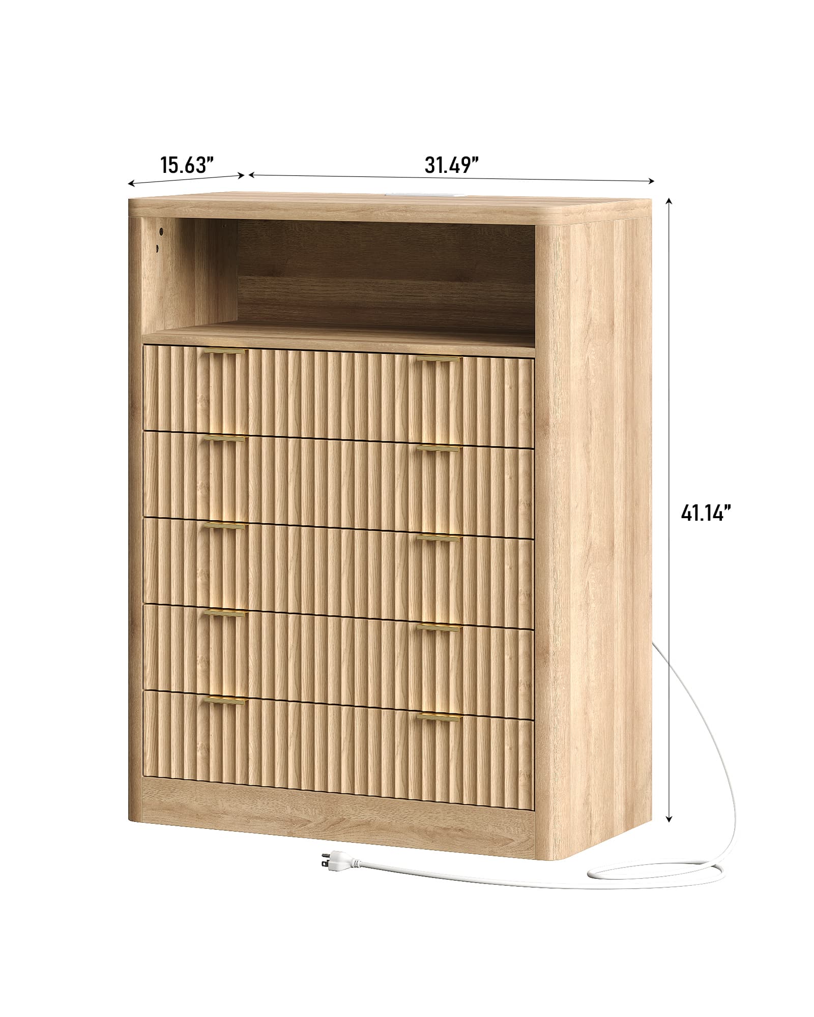 Vektaya US-NS010-NR Fluted Nightstand with LED & Charging Station, 5-Drawer Tall Organizer, Oak