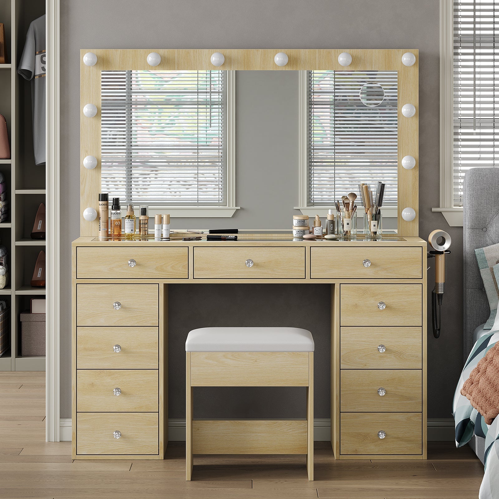 Vektaya US-VD003 Bedroom Makeup Vanity desk with LED Mirror, 11 Drawers