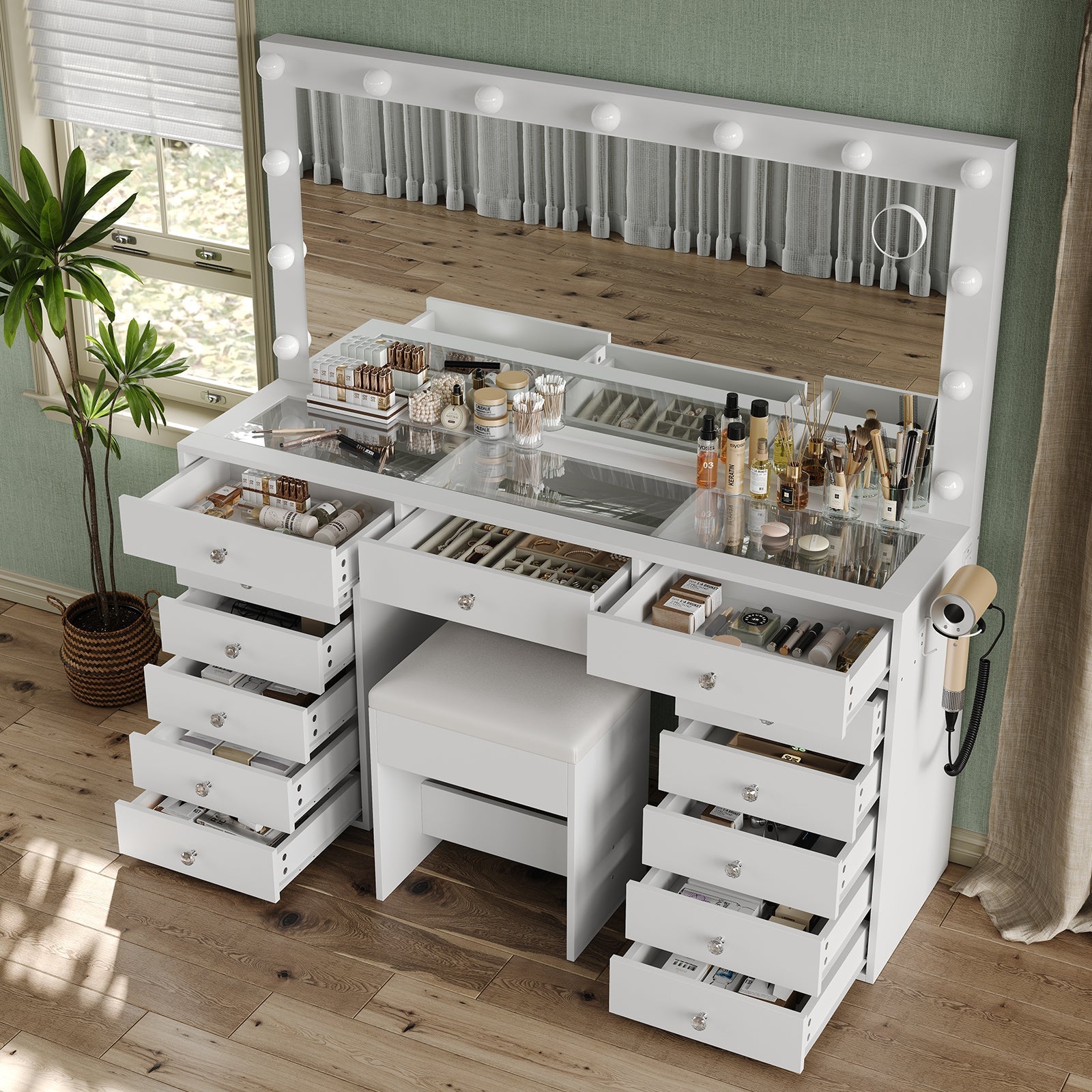 Vektaya US-VD016 Bedroom Makeup Vanity desk with LED Mirror, 13 Drawers